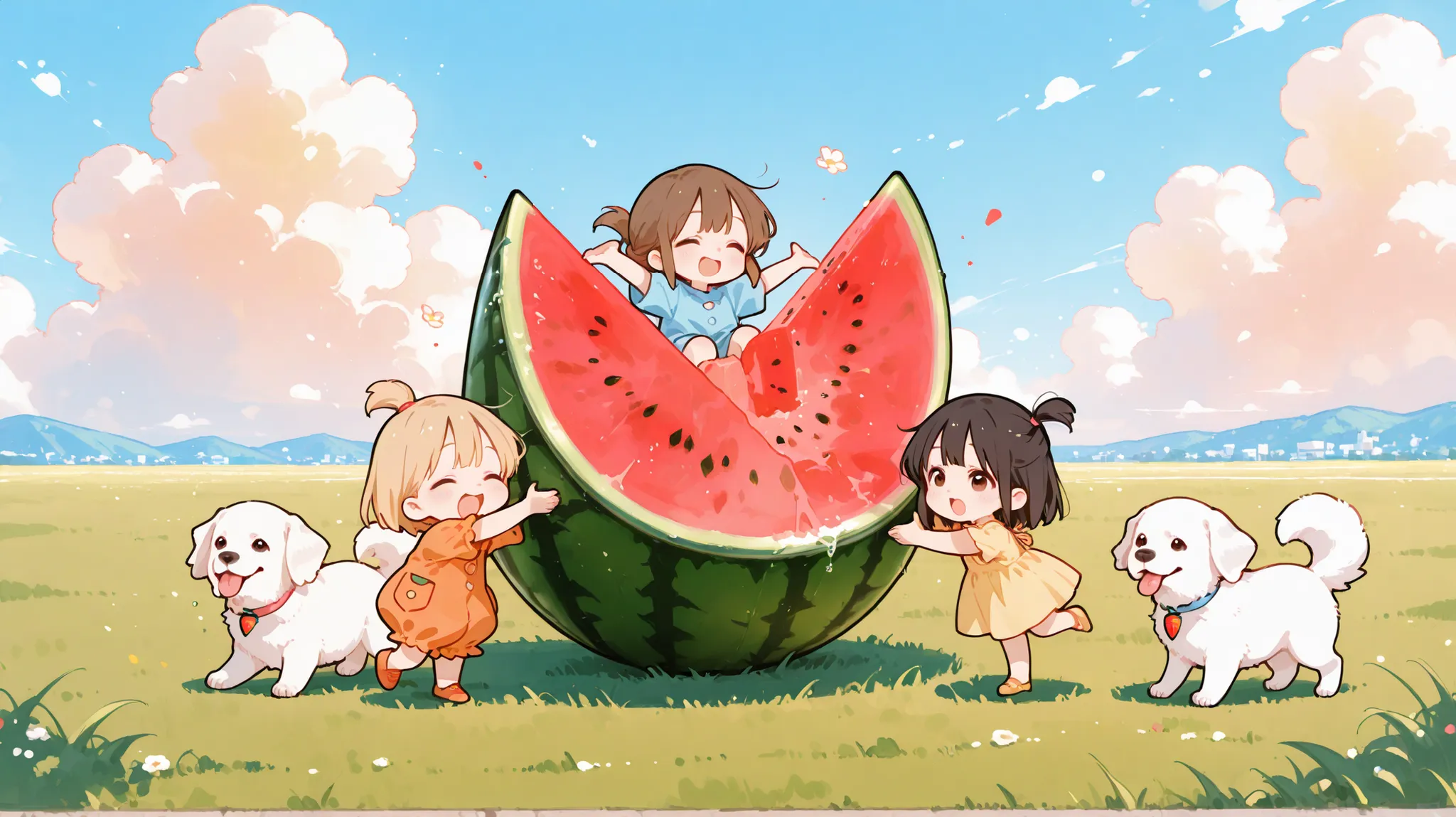 A heartwarming, Ghibli-inspired chibi anime illustration featuring three adorable girls of different ages and a fluffy white dog. The youngest girl is , has short black hair, and is wearing an orange romper. The second girl is with shoulder-length blonde ...
