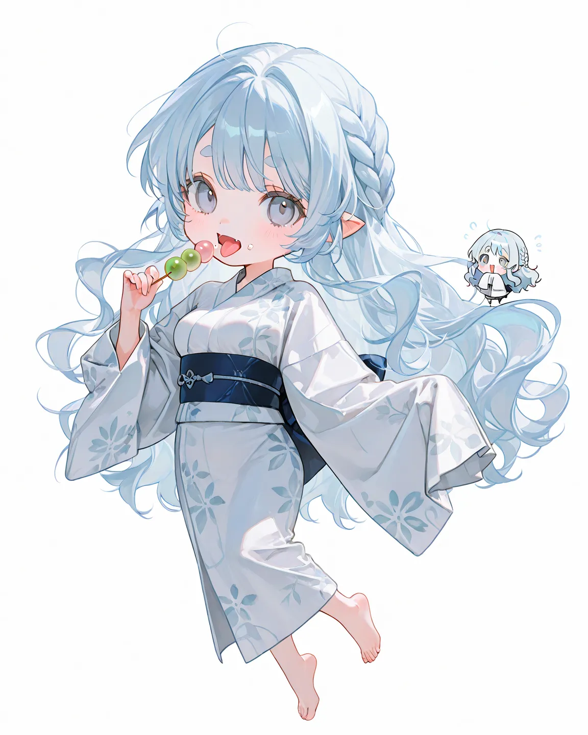 full body, 1 girl, ((chibi)), solo, cute girl, Beauty, cute a round face, light blue hair, long hair, wavy hair, fine rice braid, bangs, gray eyes, vertical pupils, very small fangs, Very small pointed human ears, large eyes, large breast, open mouth, Round eyebrows like a Shiba Inu, A loose white long-sleeved yukata, very long sleeves,((sleeves past fingers)), bare feet, holding Mitarashi Dango, Food on the face, eating Mitarashi Dango,醤油だんご, tongue sticking out, intricate details, masterpiece、high resolution illustration, very aesthetic best quality、Good quality、 average quality 、 super detailed、 very beautiful、 absurd、depth of field、 natural light、 soft lighting 、Good hands 、 detailed eyes on board、 detailed hair、sensitive, high resolution illustration, very aesthetic, finely detailed beautiful eyes and detailed face, Top quality, High detail, 8k, 1 solo, Beautiful appearance, Random pose, ((white background)), (in frame)