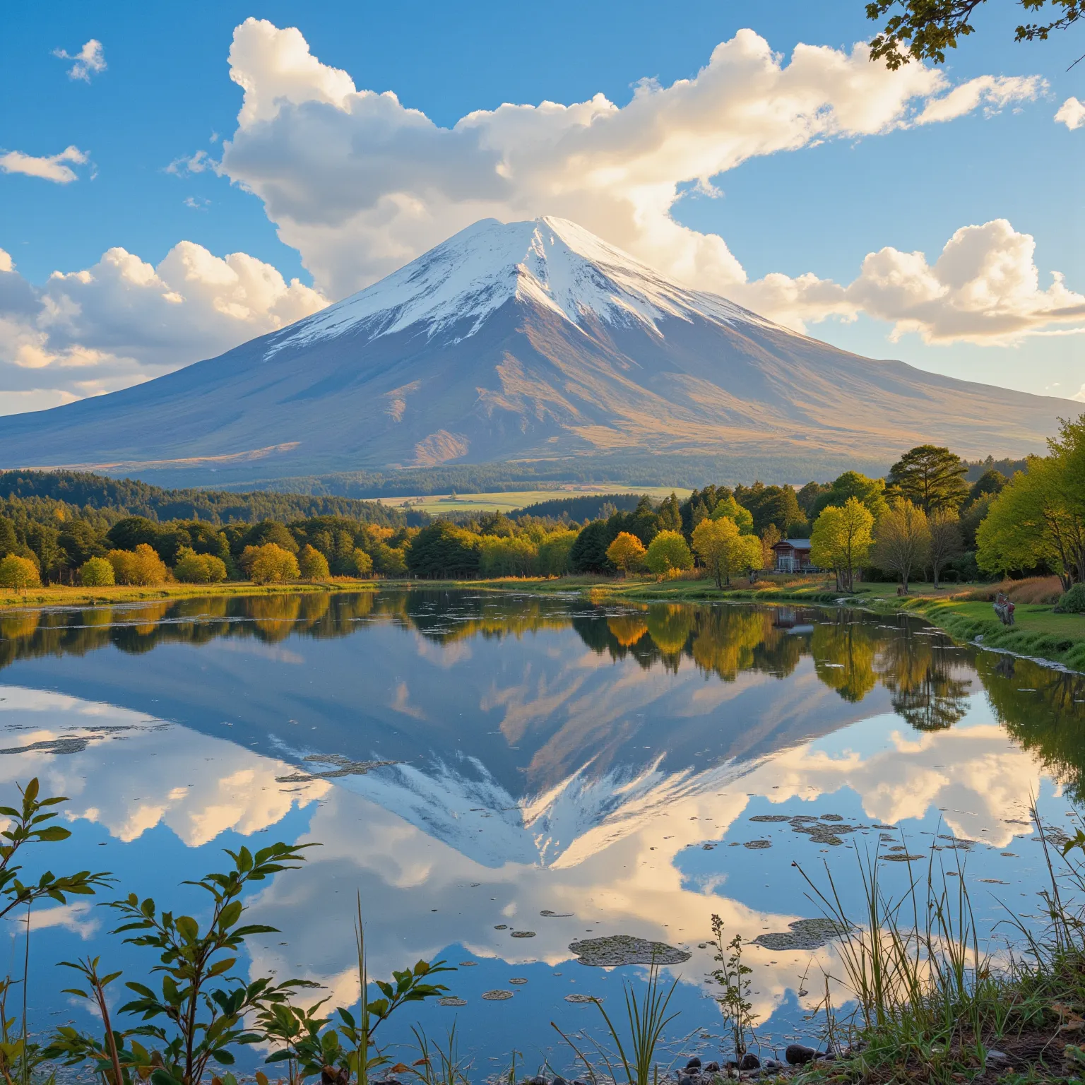 high quality, 4k, photo-realistic, stunning landscape painting, majestic Mt. Fuji, tranquil lake, Mt. Fuji reflected perfectly upside down in the calm waters, lush green trees surrounding the lake, fluffy clouds in the sky, warm golden hour lighting, serene atmosphere, detailed, masterpiece