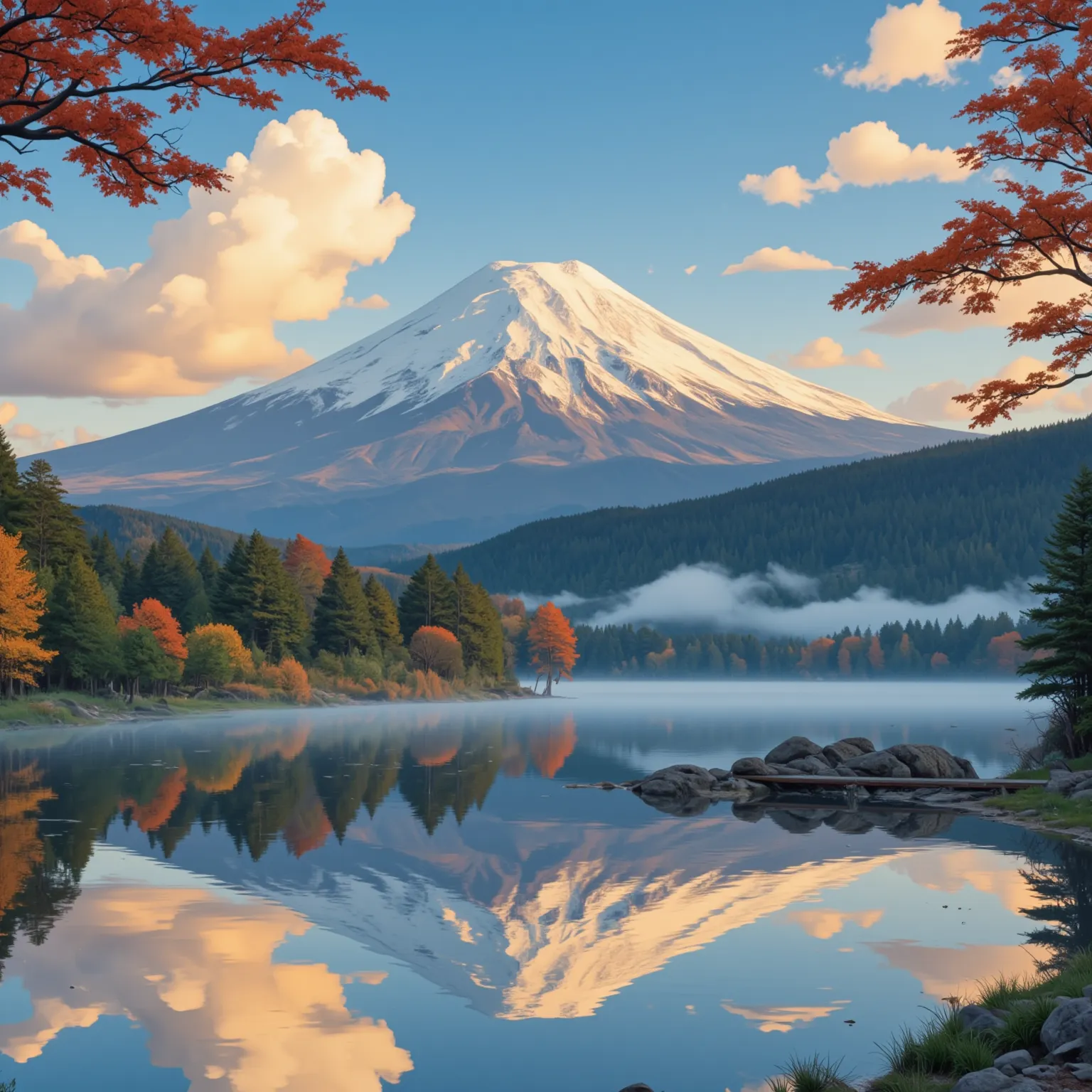 high quality, 4k, photo-realistic, stunning landscape painting, majestic Mt. Fuji, tranquil lake, Mt. Fuji reflected perfectly upside down in the calm waters, lush green trees surrounding the lake, fluffy clouds in the sky, warm golden hour lighting, serene atmosphere, detailed, masterpiece