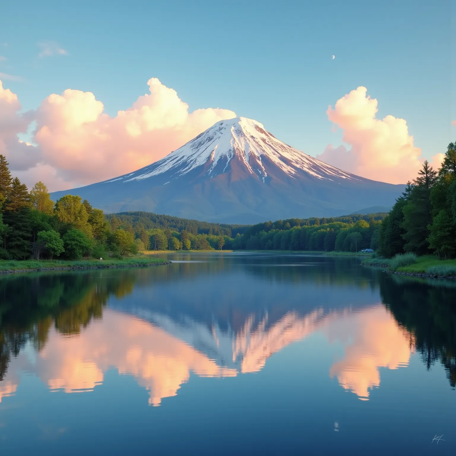 high quality, 4k, photo-realistic, stunning landscape painting, majestic Mt. Fuji, tranquil lake, Mt. Fuji reflected perfectly upside down in the calm waters, lush green trees surrounding the lake, fluffy clouds in the sky, warm golden hour lighting, serene atmosphere, detailed, masterpiece