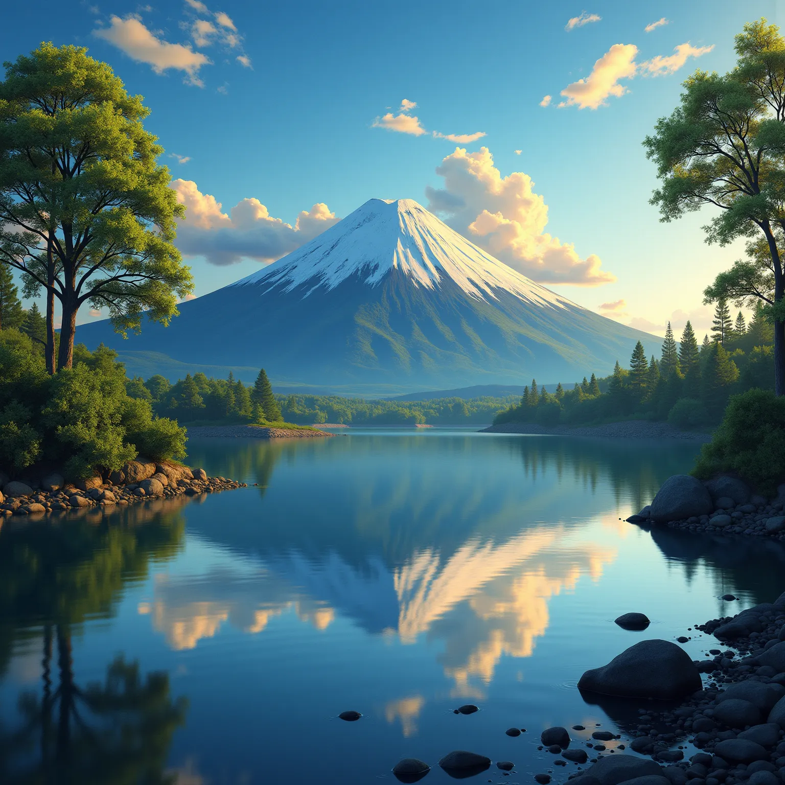 high quality, 4k, photo-realistic, stunning landscape painting, majestic Mt. Fuji, tranquil lake, Mt. Fuji reflected perfectly upside down in the calm waters, lush green trees surrounding the lake, fluffy clouds in the sky, warm golden hour lighting, serene atmosphere, detailed, masterpiece