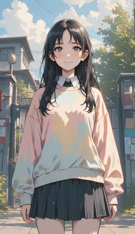 Medium-shot, vertical pastel-style illustration featuring a beautiful  high school girl standing in front of a school gate. She has long, straight black hair flowing neatly down her back, and a sweet, gentle smile on her pale face. Her dark eyes glow with ...