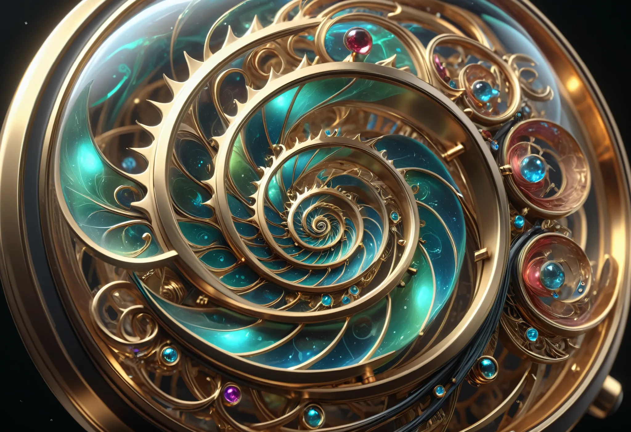 Magnified View of a Watch with a Spiral Design, complicated芸術作品. Octane Rendering,  Sculpture by  , 4K high-definition digital art, The Ball of Time ,  decorative galactic gold ,  3d digital art 4K , Dream Sphere ,  quantum processor , art nouveau Octane R...