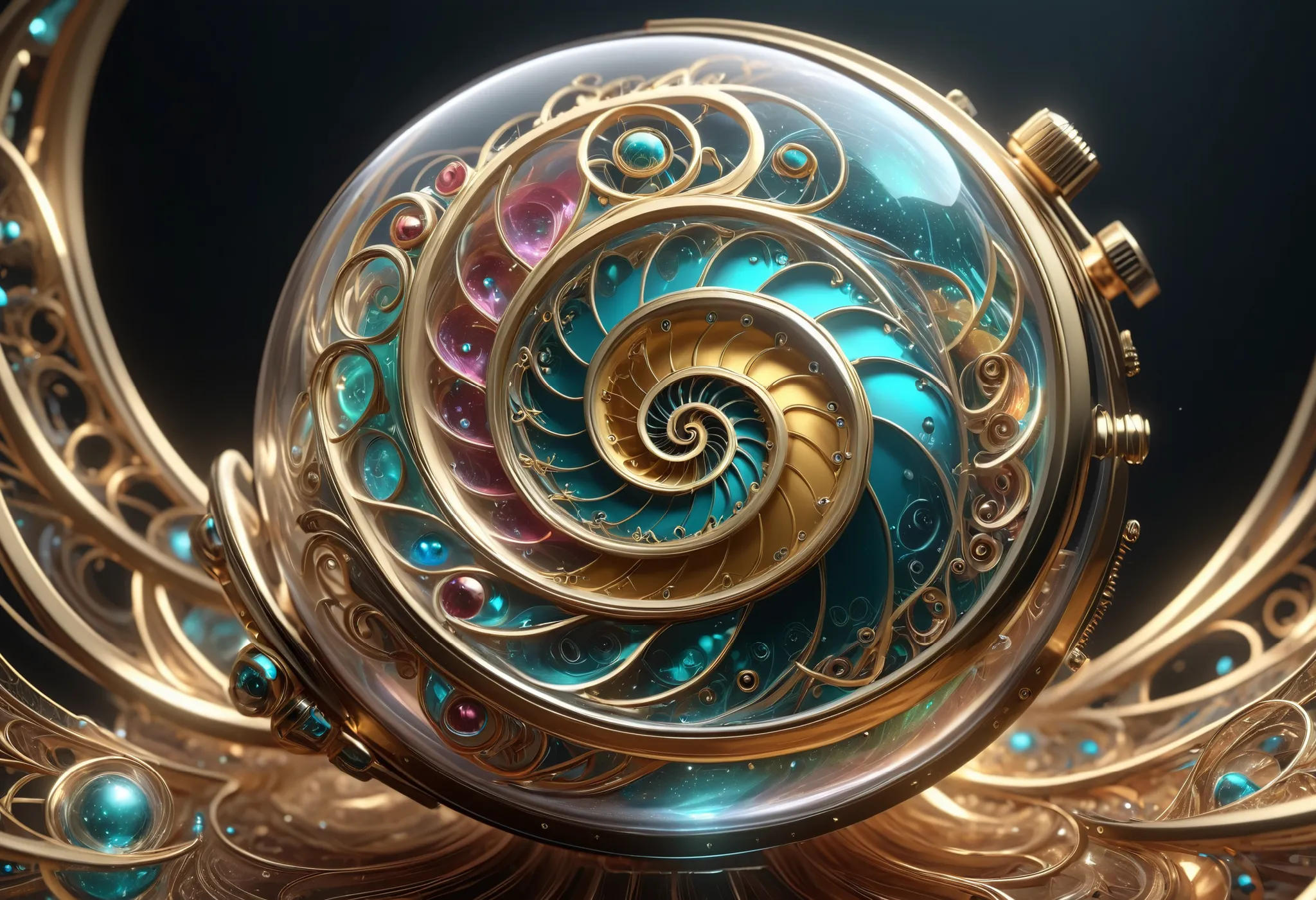 Magnified View of a Watch with a Spiral Design, complicated芸術作品. Octane Rendering,  Sculpture by  , 4K high-definition digital art, The Ball of Time ,  decorative galactic gold ,  3d digital art 4K , Dream Sphere ,  quantum processor , art nouveau Octane R...