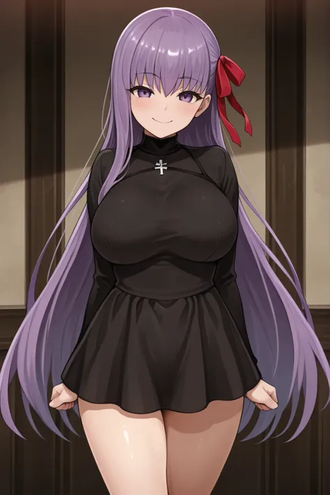 BB(Fate), purple eyes, long hair, purple hair, hair ribbon, red ribbon, short dress, black dress, smile, large breasts,look at viewer, standing 