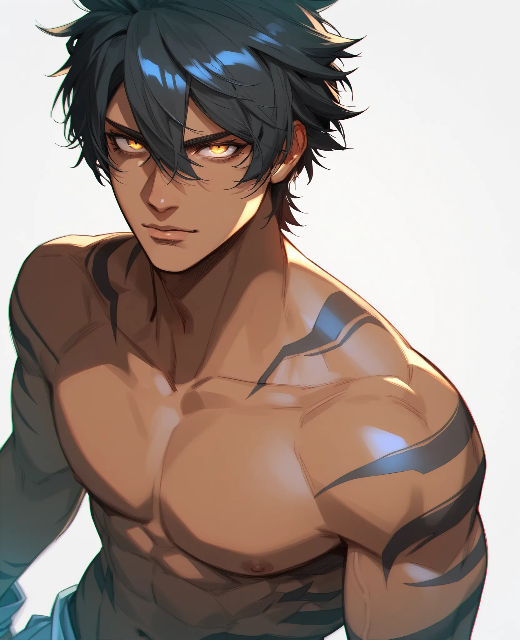 1boy, looking at viewer, keen eyes, simple background, male curvy body, cowboy shot angle, sexy, highres, hair between eyes, short messy black hair, golden eyes, neutral expression, tiger markings tattoos in all body, dark-skinned, dark skin, fit body,