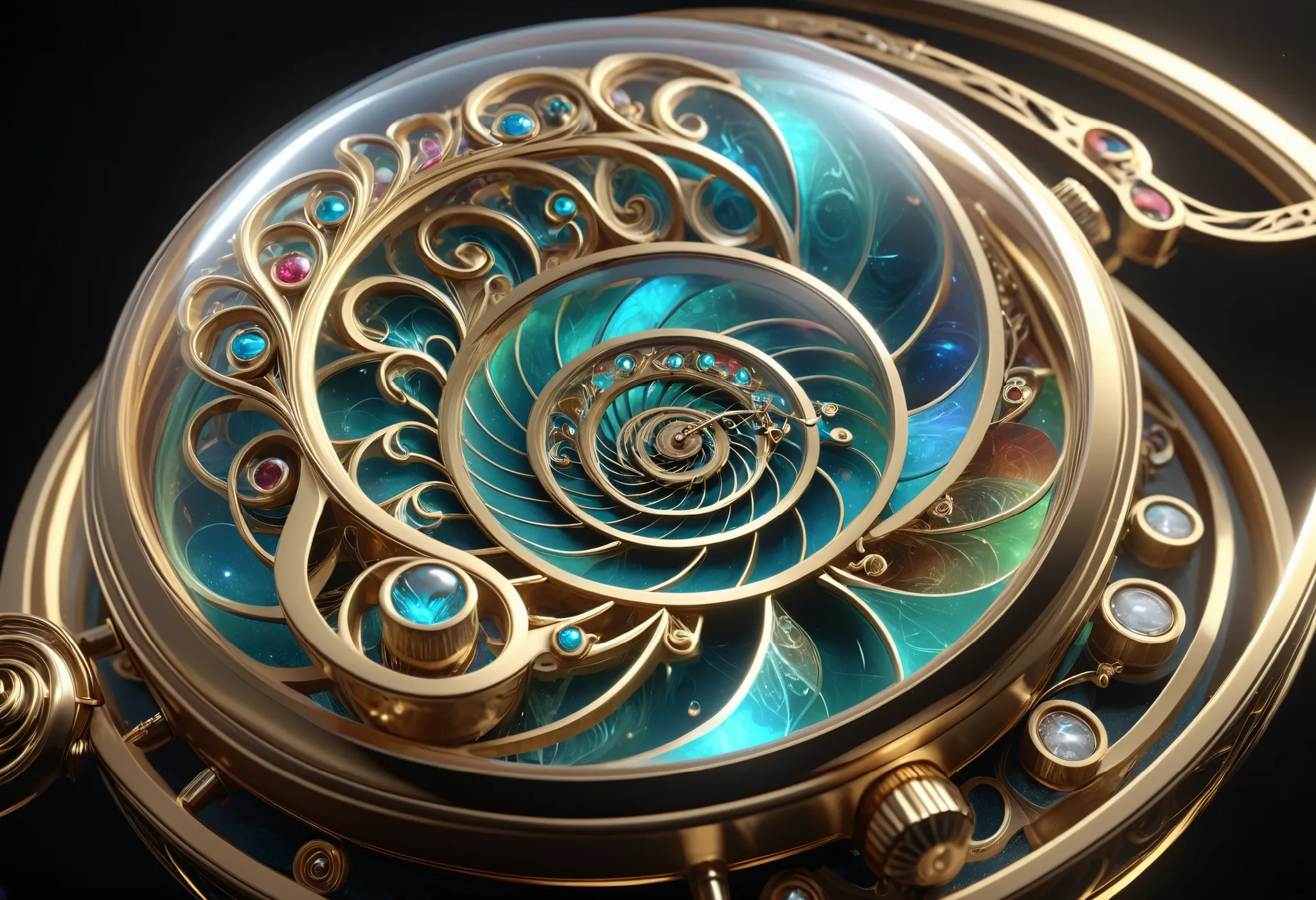 Magnified View of a Watch with a Spiral Design, complicated芸術作品. Octane Rendering,  Sculpture by  , 4K high-definition digital art, The Ball of Time ,  decorative galactic gold ,  3d digital art 4K , Dream Sphere ,  quantum processor , art nouveau Octane R...