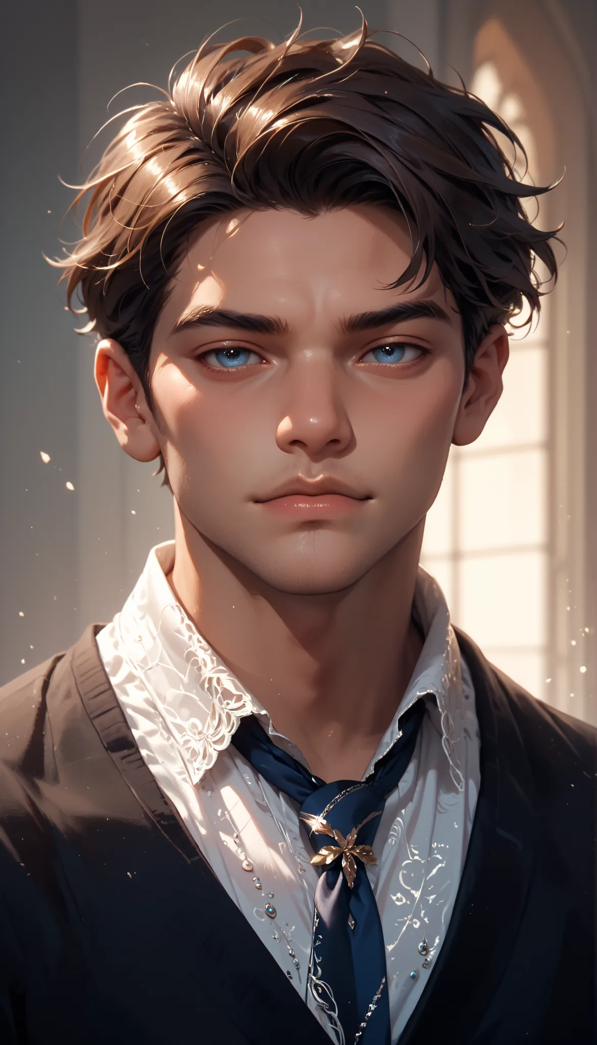 male,tall 6 feet 4 inches(About 1.93 meters),dark brown hair,Gray blue eyes,His facial features are deep and three-dimensional,strong,dressed casually but always just right,Half-length portrait。