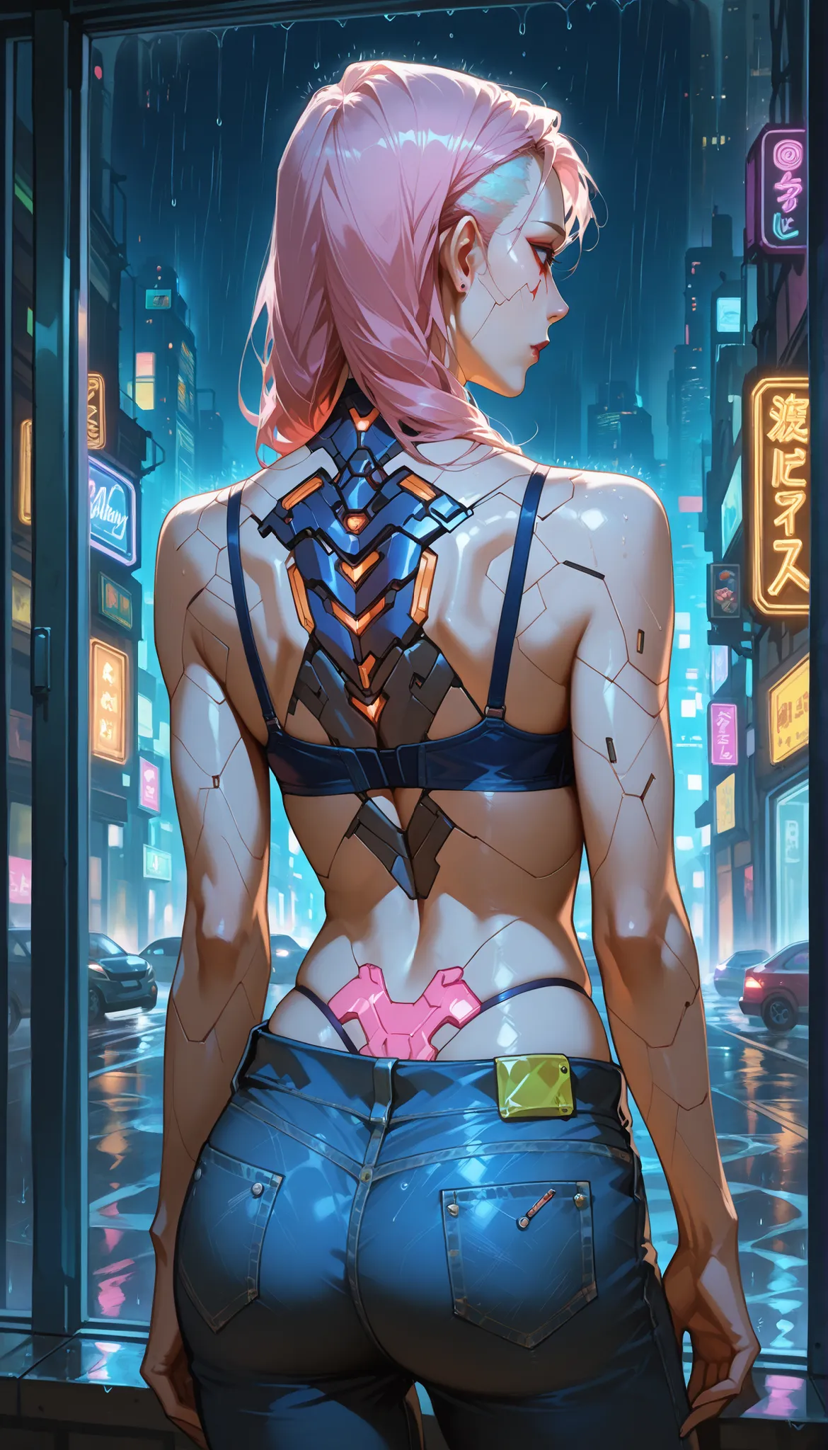 ((cyberpunk super skinny girl) dark alley, night, neon , watching the horizon, wearing jeans and bra, raining, night)):1.9、Perfect Ray Tracing、Highly detailed background,realistic,ultra-detailed, super detailed skin ,Light Shine,filmic grain,According to I...