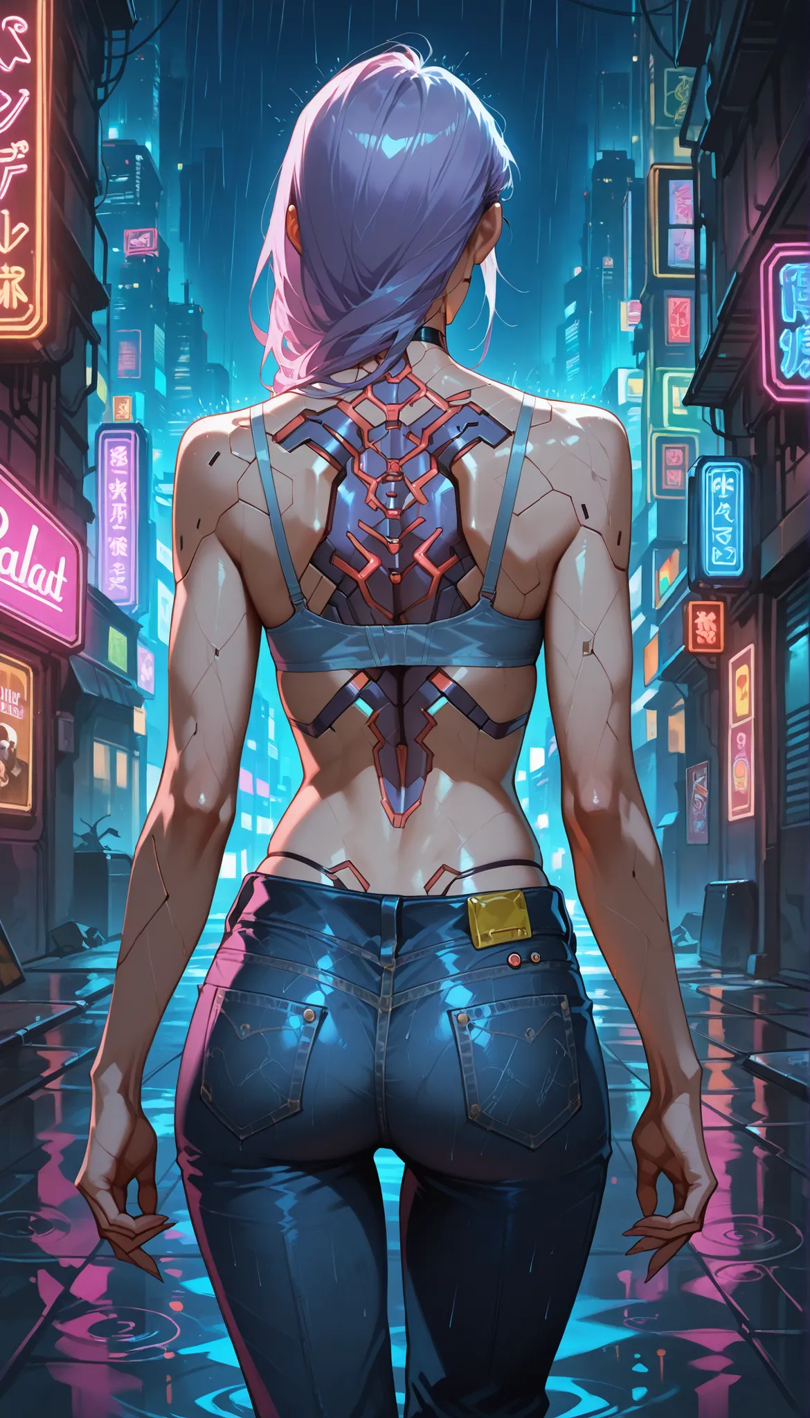 ((cyberpunk super skinny girl) dark alley, night, neon , watching the horizon, wearing jeans and bra, raining, night)):1.9、Perfect Ray Tracing、Highly detailed background,realistic,ultra-detailed, super detailed skin ,Light Shine,filmic grain,According to I...