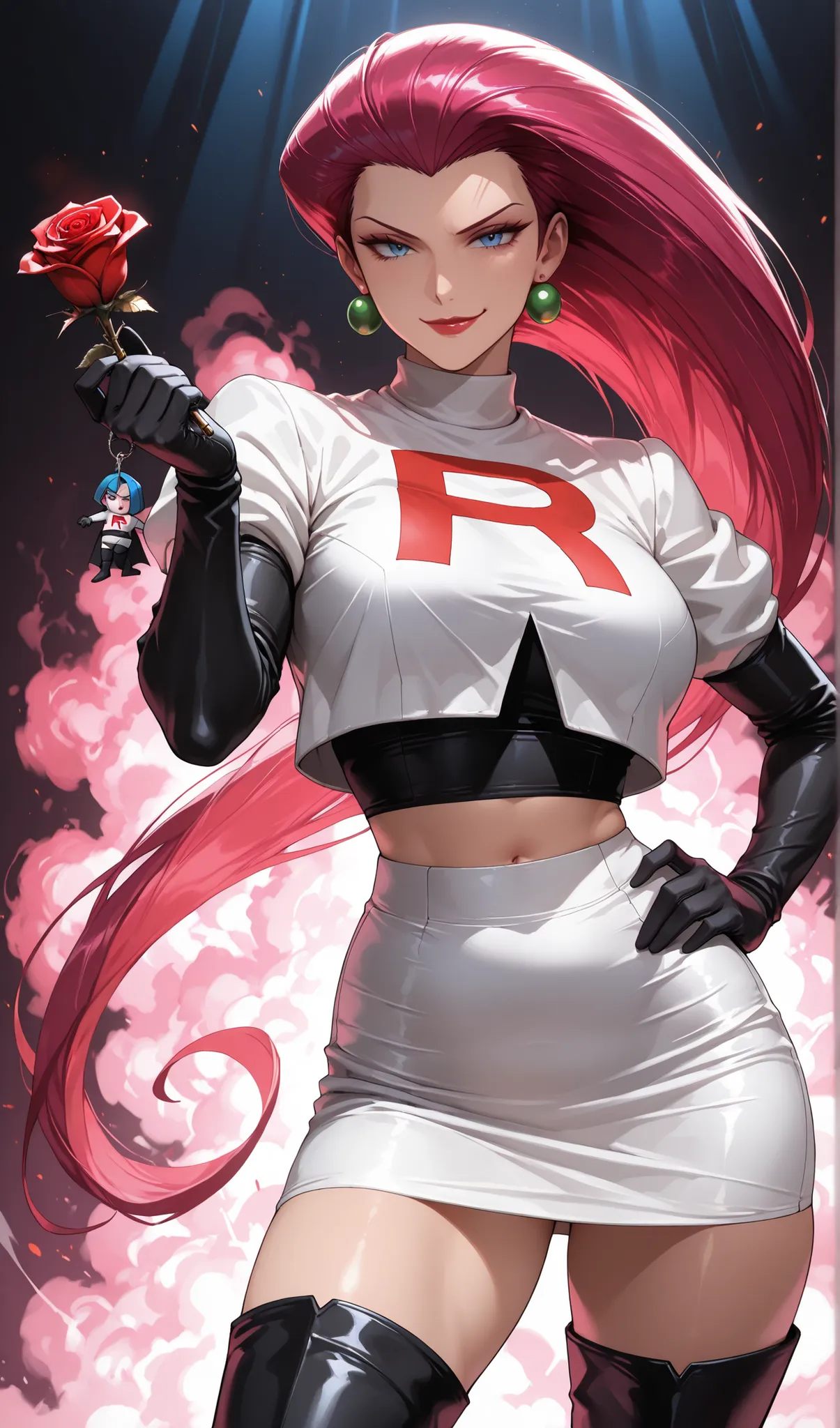 (masterpiece, detailed:1.2), Jessie from Pokémon, Voluptuous woman, beautiful detailed eyes, mature woman, fierce woman, tomboy women, tall and slender hourglass figure, long flowing magenta hair, confident smirk, striking blue eyes, wearing her Team Rocke...