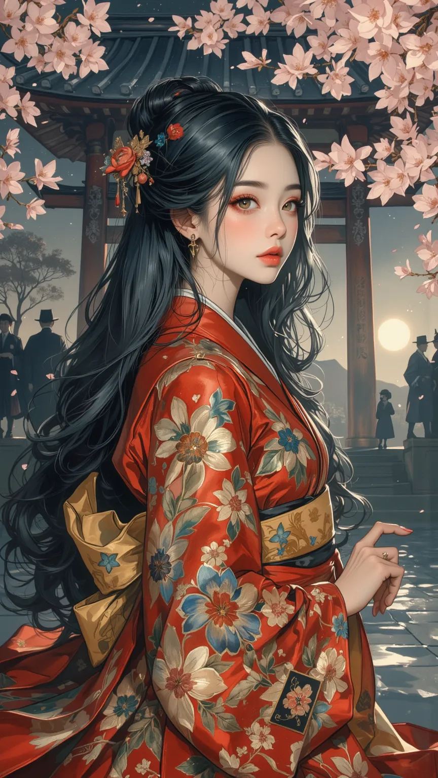 High Quality Watercolor Ink Painting,Paper Painting, dark brown ,Nail,Silhouette Art ,Gorgeous Detail,Charming Japanese Woman,flowing long hair,temple,Dark eyeshadow,red lips,Red Gold Flag Robe,look directly,Dark Night Silhouette,In front of the shrine,Flowing Cherry Blossom,Bokeh,chiaroscuro,Abstract Dark Background,4k HD,Fine,Professional Surreal,Photo-like real,perfect lighting,Fine Fine,Color Saturation,Soft and elegant
