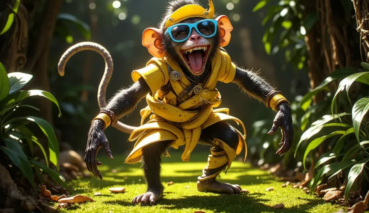 Monkey in Banana Peel Streetwear
"A cheeky monkey striking playful poses on a mossy jungle catwalk, wearing a casual but stylish outfit made of curled banana peels, accessorized with blueberry shades and a mango-slice hat, jungle drums in the background, t...
