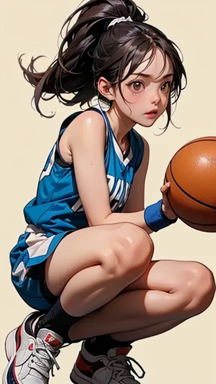 SoraDigi,momo girls、close up ,  big eyes, cute face, Glowing Skin, 
(beautiful girl : 1.3),1 girl on break day,(basketballのユニフォーム,wristband,sneakers,basketball),black hair,ponytail,amount,anger, Something like ,sweat,jump,basketballフープにダンクシュートを決める,  simple color background  ,active,Dynamic angle,masterpiece,Highest Quality,Rich Contrast,high image quality,8k,High Definition CG Unit Wallpaper,texture,Incredibly Absurd, RAW Photo ,Deep Boundaries 1 .2,Very detailed drawing from below