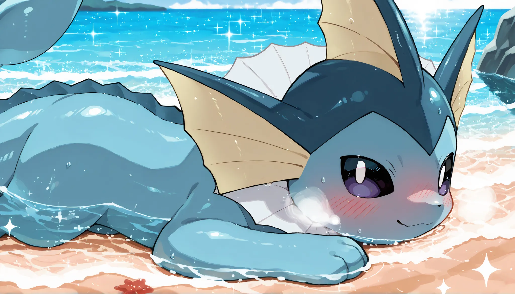 vaporeon,pokemon,(young :1.4),best quality,best resolution,looking at viewer,blush,beautiful sea,soak,sparkle water,beach,sweating,heavy breath,body submerged,full face blush,lokking at viewer,smile,body submerged,close up,running,all four,(side view :1.6)