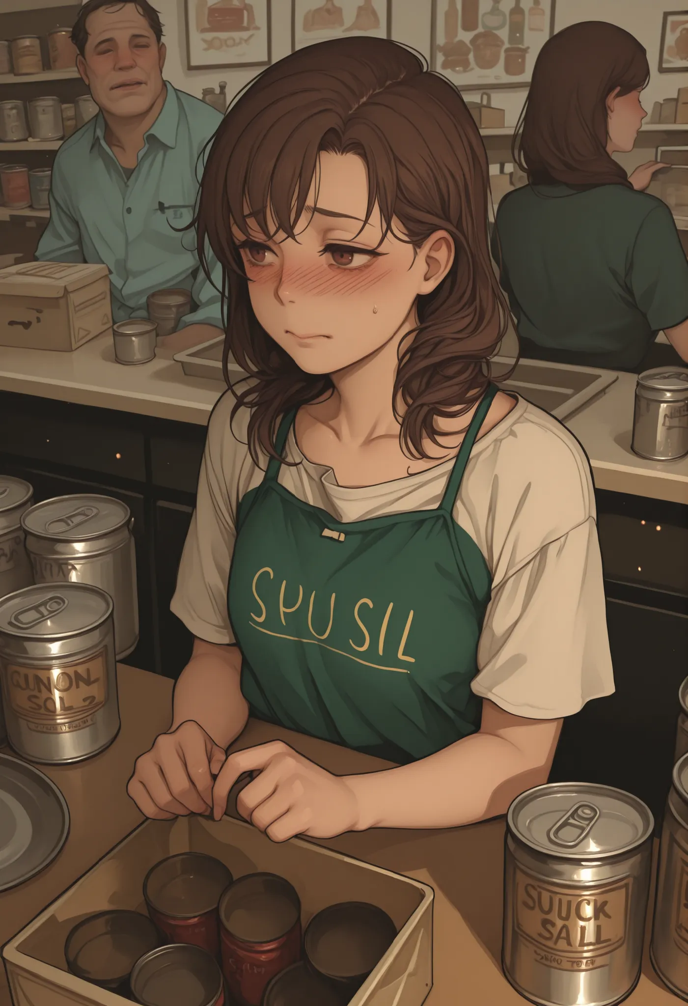 A girl,shy,counter of a store,dependent uniform,canning cans,Dimero,sorting box,chest identification,sick person,serving a customer, buy and sell