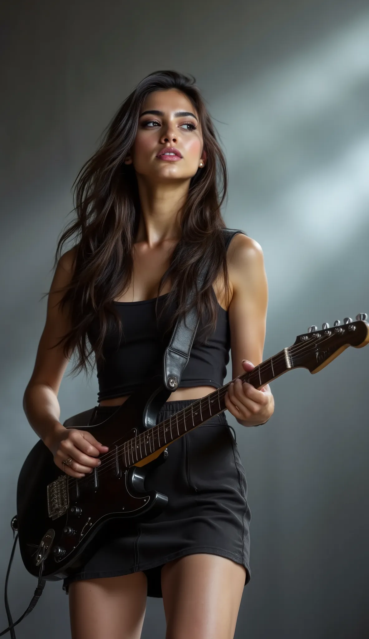 a beautiful girl in black mini skirt is singing and playing electric guitar on stage