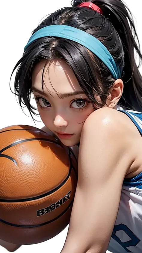 SoraDigi,momo girls、close up ,  big eyes, cute face, Glowing Skin, 
(beautiful girl : 1.3),1 girl on break day,(basketballのユニフォーム,wristband,sneakers,basketball),black hair,ponytail,confident expression、sweat,jump,basketballフープにダンクシュートを決める,  simple color background  ,active,Dynamic angle,masterpiece,Highest Quality,Rich Contrast,high image quality,8k,High Definition CG Unit Wallpaper,texture, RAW Photo ,Deep Boundaries 1 .2,very detailed depiction、headband