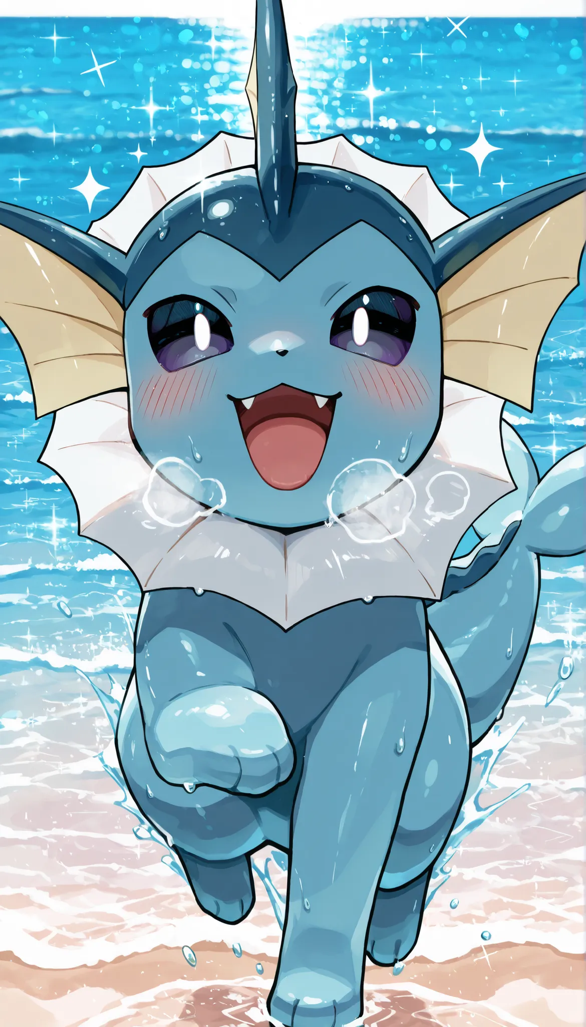 vaporeon,pokemon,(young :1.4),best quality,best resolution,looking at viewer,blush,beautiful sea,soak,sparkle water,beach,sweating,heavy breath,body submerged,smile,open mouth,fangs,close up,jumping,all four