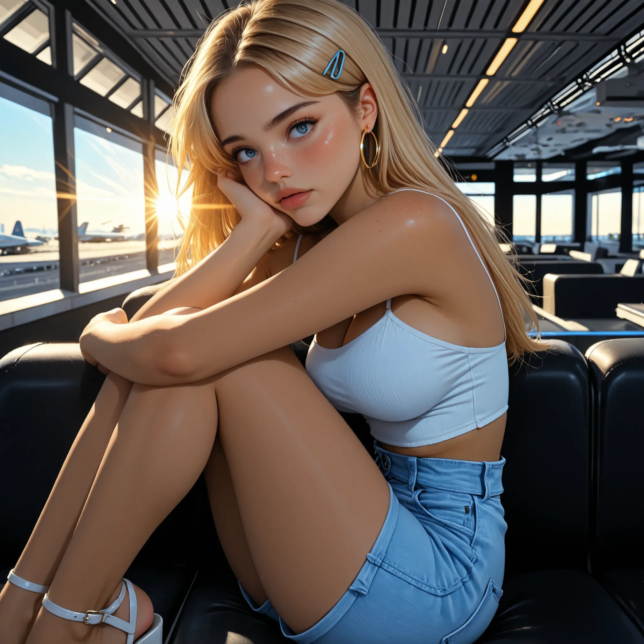 1girl, Solo, blue eyes, airport lounge interior background, knees pulled to chest, head resting on knees, feet on bench, short tight jean shorts, platform heels, view from the side, looking over shoulder, light freckles on nose, worried look, High Resoluti...