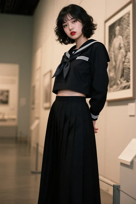 documentary photo, photo-realistic, dramatic scene, 1 girl\(Mixture of American and Japanese, very beautiful Japanese high school girl, famous beautiful fragile Japanese girl, bad girl, cool girl atmosphere, beautiful but cool boyish face, boyish atmosphere, black colored short curly haired, wearing a Japanese high school traditional sailor uniform with extremely long black skirt, extremely long skirt, sailor uniform, bad girl, red lips, Irritable and grumpy, very large breasts, slender\), Staring at the viewer, at the national photo museum, shoot from side