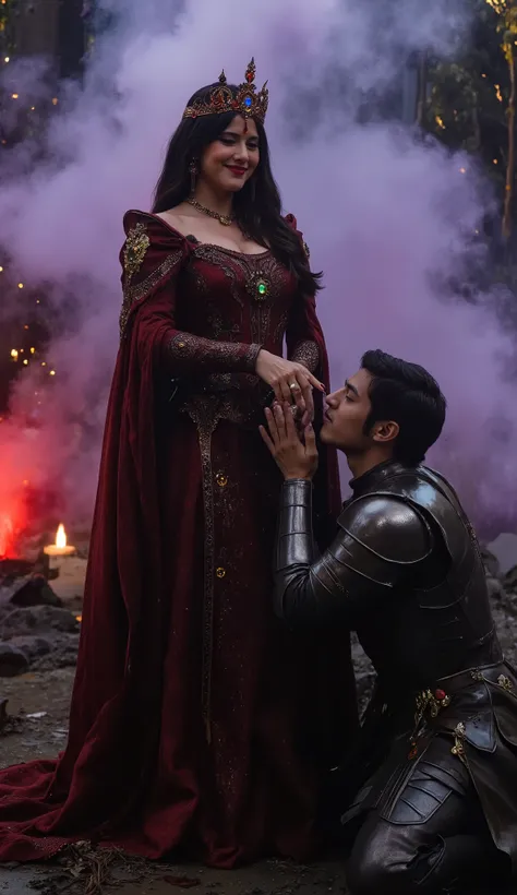 a powerful dark enchantress standing tall in a victorious pose, ultra realistic, cinematic fantasy scene, smirking with a dominant and seductive expression, her hand gracefully extended and being kissed by a kneeling knight in full armor, the knight is sho...