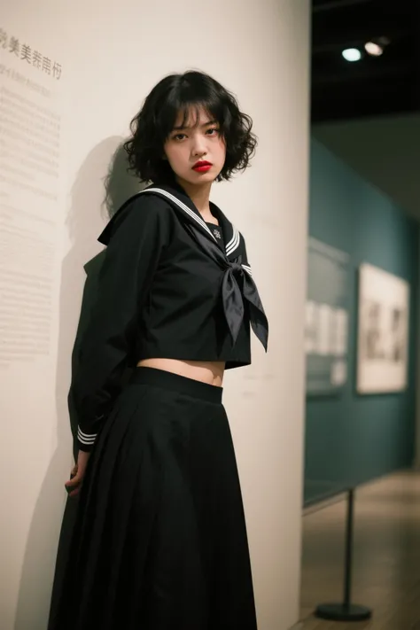 documentary photo, photo-realistic, dramatic scene, 1 girl\(Mixture of American and Japanese, very beautiful high school girl, famous beautiful fragile girl, bad girl, cool girl atmosphere, beautiful but cool boyish face, boyish atmosphere, black colored short curly haired, wearing a Japanese high school traditional sailor uniform with extremely long black skirt, extremely long skirt, sailor uniform, bad girl, red lips, Irritable and grumpy, very large breasts, slender\), Staring at the viewer, at the national photo museum, shoot from side