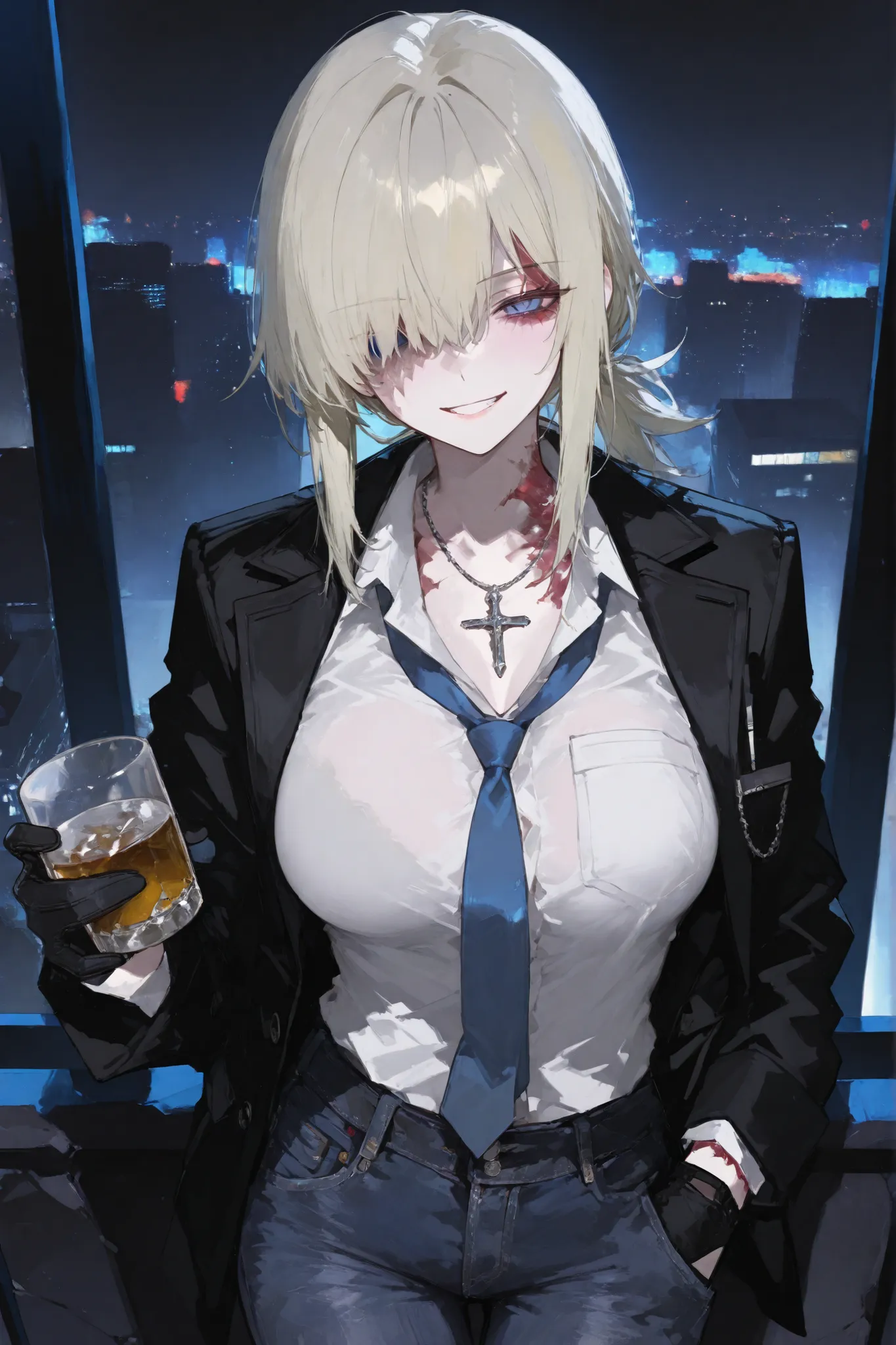 1girl, hair_over_one_eye, solo, large_breast, medium_hair, cup, grey_hair, alcohol, plain cup, On the rock, gloves, light_blonde_hair, breasts, necktie, black_gloves, holding, holding_cup, hand_in_pocket, night_city_background, blue_eyes, large_breasts, lo...