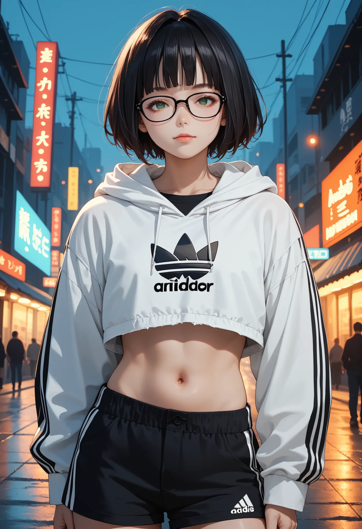"Score_9, score_8_up, score_7_up, score_6_up, source_anime, rating:general, 1girl, upper body, standing in an urban city after a rainstorm, nighttime, neon lights , cool and edgy atmosphere, black hair, short hair, feathered layered bob hair, blunt bangs, ...