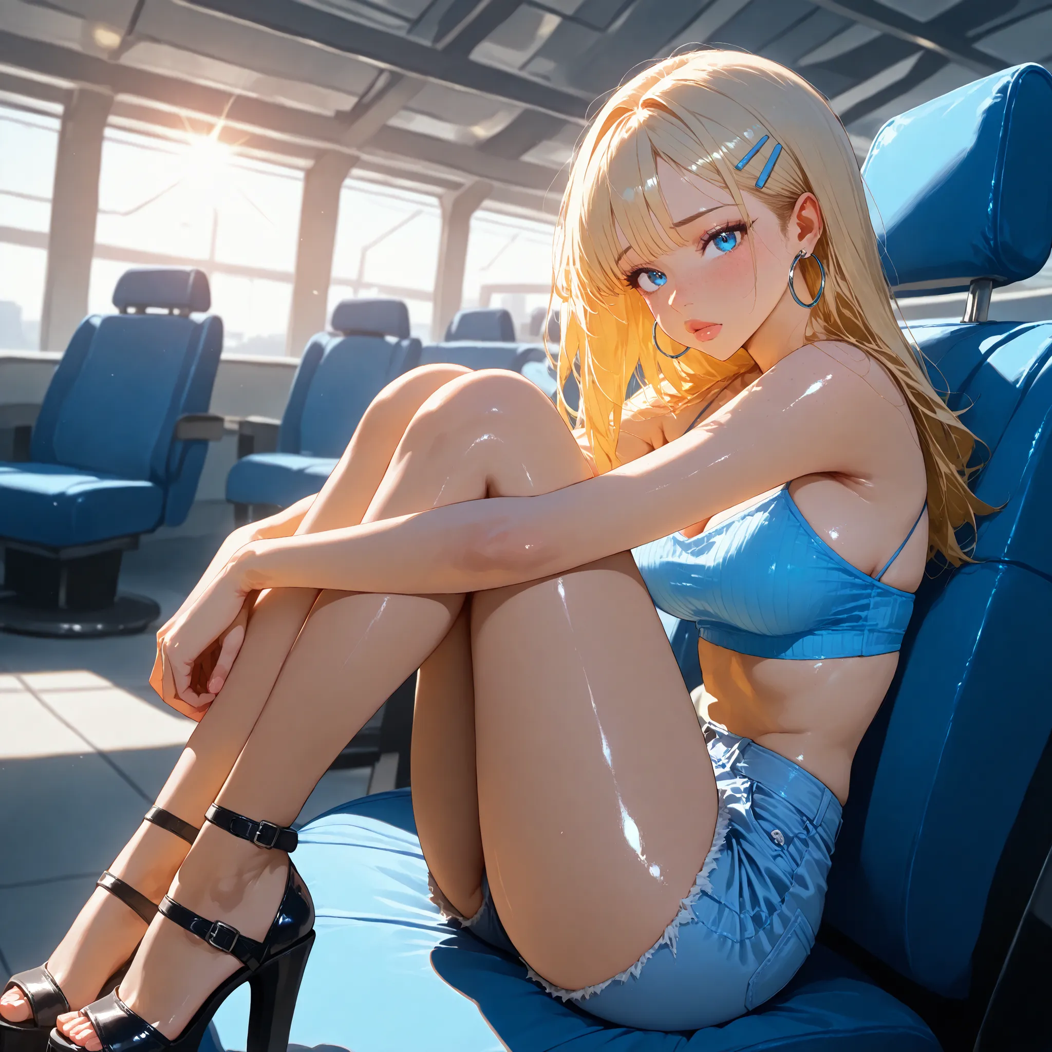 1girl, Solo, blue eyes, medium breasts, airport lounge interior background, knees pulled to chest, head resting on knees, feet on bench, heels in picture, very short tight jean shorts, platform heels, view from the side, looking over shoulder, light freckl...