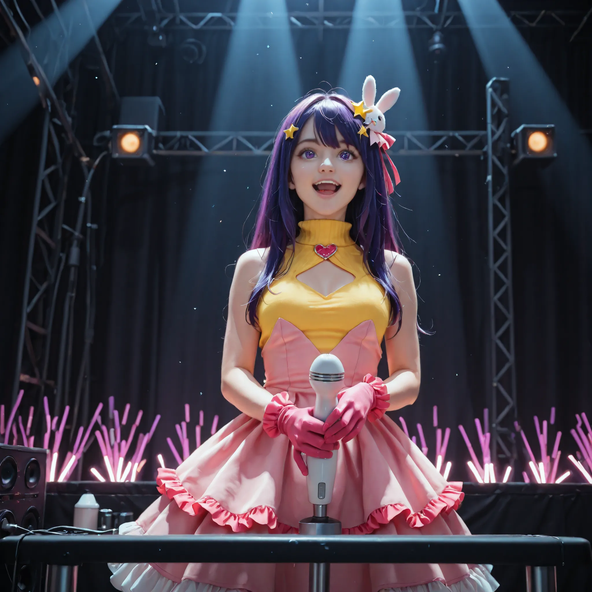 1girl,hoshino ai \(oshi no ko\),oshi no ko,microphone,idol,hair ornament,pink gloves,gloves,idol clothes,star (symbol),purple hair,star-shaped pupils,purple eyes,hoshino ai \(cosplay\),solo,
holding microphone,holding,long hair,open mouth,serious,shouting,...