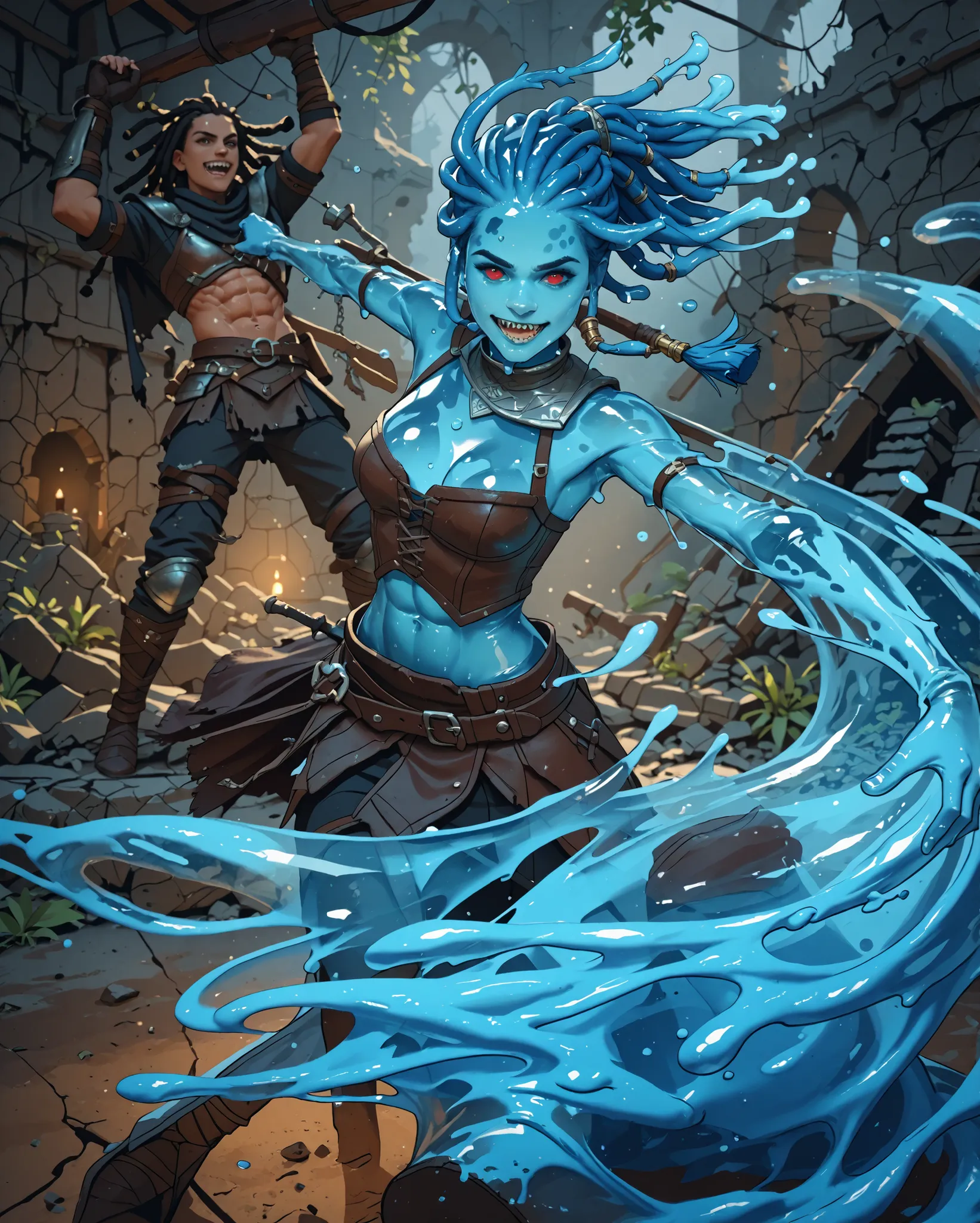 Slender body. Blue and transparent skin. Cute 18-year-old Asian slime-girl with Asian red eyes and sharp teeth and dreadlocks with white highlights. She has a cute and beautiful face. She has a round and young face with a pointy chin. Her slime-body is ath...