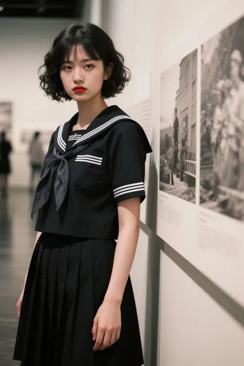 documentary photo, photo-realistic, dramatic scene, 1 girl\(Mixture of Finnish and Japanese, very beautiful high school girl, famous beautiful fragile girl, bad girl, cool girl atmosphere, beautiful but cool boyish face, boyish atmosphere, black colored short curly haired, wearing a Japanese high school traditional sailor uniform with extremely long black skirt, extremely long skirt, sailor uniform, bad girl, red lips, Irritable and grumpy, very large breasts, slender\), Staring at the viewer, at the national photo museum, shoot from side