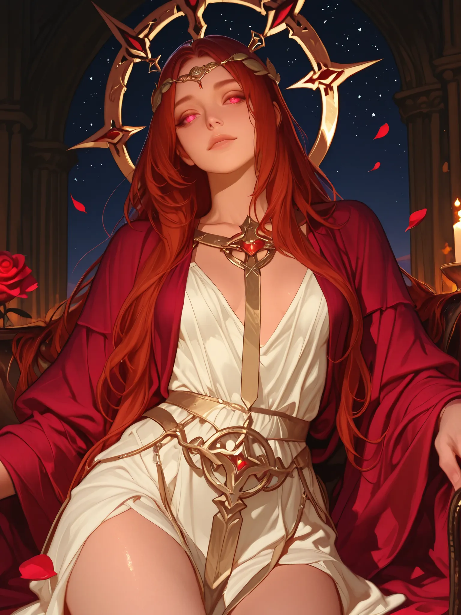 A regal, androgynous female demon noble named Duke Gremory, seated gracefully side-saddle atop a majestic, ancient camel with deep, soulful eyes. Gremory has long, flowing auburn hair, soft porcelain skin, and wears a ducal crown adorned with sacred geomet...