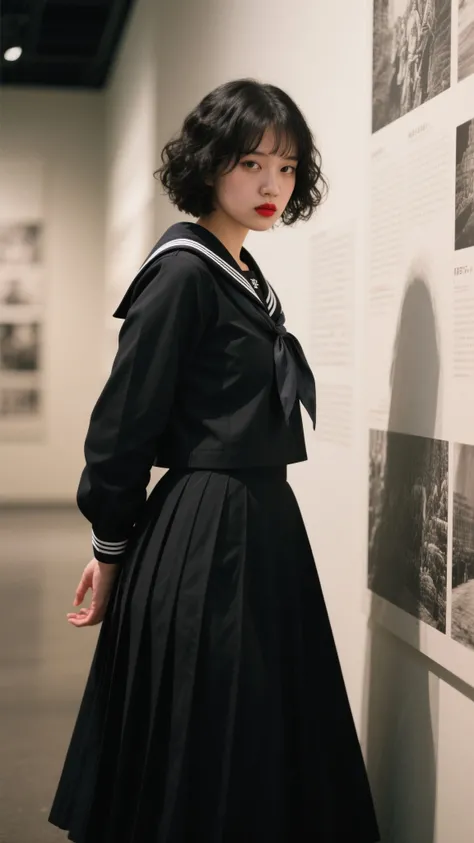 documentary photo, photo-realistic, dramatic scene, 1 girl\(Mixture of Finnish and Japanese, very beautiful high school girl, famous beautiful fragile girl, bad girl, cool girl atmosphere, beautiful but cool boyish face, boyish atmosphere, black colored short curly haired, wearing a Japanese high school traditional sailor uniform with extremely long black skirt, extremely long skirt, sailor uniform, bad girl, red lips, Irritable and grumpy, very large breasts, slender\), Staring at the viewer, at the national photo museum, shoot from side