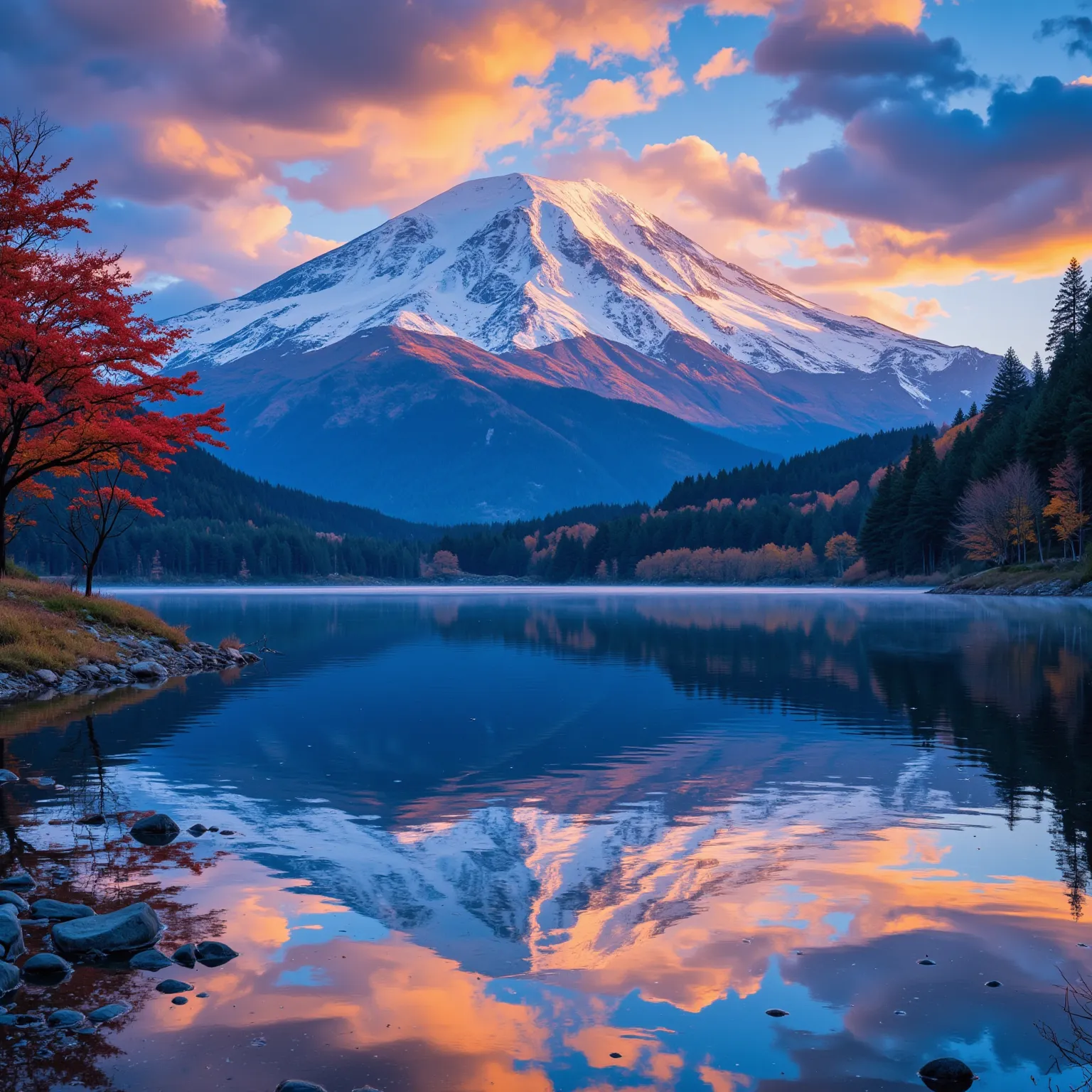 beautiful landscape painting, mt. fuji, lake, upside down mt. fuji reflected in the lake, 8k, hyper detailed, photorealistic, 4k, ultra high definition, high resolution, masterpiece, professional, vibrant colors, dramatic lighting, cinematic, serene atmosphere, tranquil lake, majestic mountain, mirrored reflection, dramatic sky, vivid colors, nature, realism