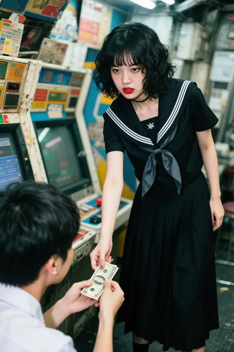 documentary photo, photo-realistic, dramatic scene, 1 girl\(Japanese very beautiful high school girl, famous beautiful fragile girl, bad girl, cool girl atmosphere, beautiful but cool boyish face, boyish atmosphere, black colored short curly haired, wearing a Japanese high school traditional sailor uniform with extremely long black skirt, extremely long skirt, sailor uniform, bad girl, red lips, Irritable and grumpy, very large breasts, slender\), A delinquent high school girl is shaking down a timid, straight-laced boy for money, the boy offers money, at a run-down and cluttered arcade