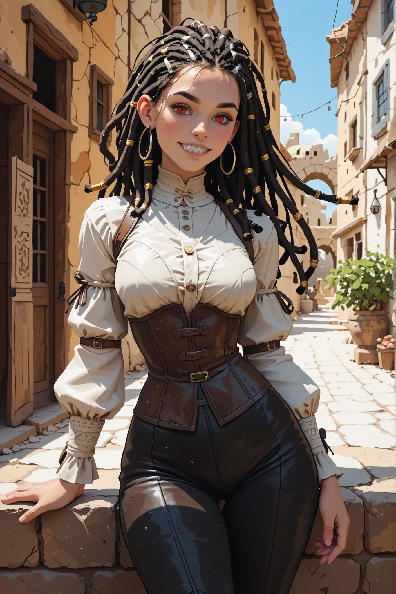Slender body. White skin. Cute 18-year-old Asian girl with Asian red eyes and sharp teeth and dreadlocks with white highlights. She has a cute and beautiful face. She has a round and young face with a pointy chin. Her body is athletic with abs. She wears m...