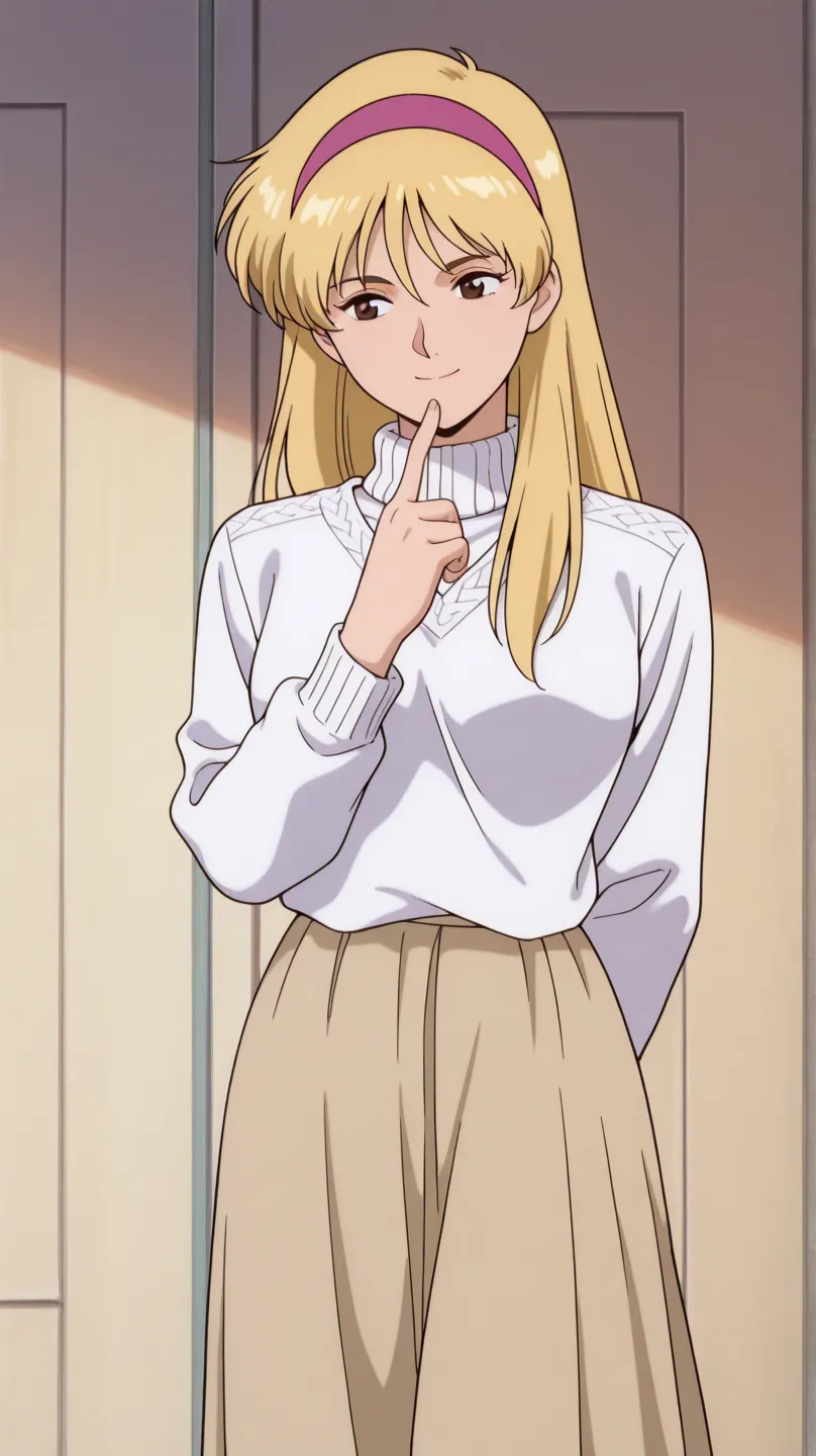(masterpiece, best quality, amazing quality, absurdres, very aesthetic, detailed background, intricate details,intricate, ultra high res, exceptional, best aesthetic, best quality, cowboy shot, female focus), (solo:1.2), 1girl, katejina loos, blonde hair, long hair, red headband, white sweater, beige long skirt, dark brown boots, one hand behind back, finger touching lips, smile, standing,