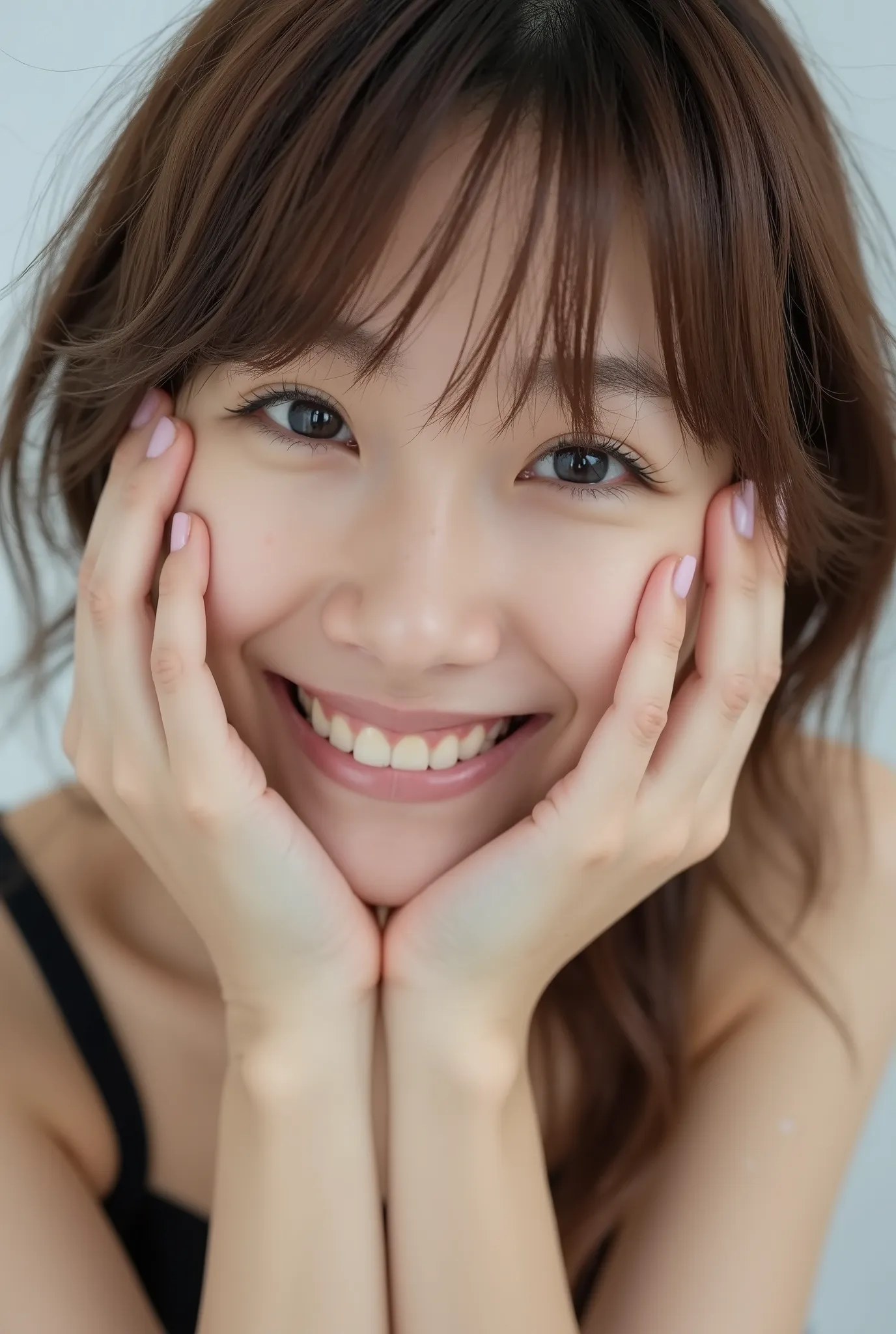 An extreme ultra close-up, hyperrealistic portrait of an overwhelmingly beautiful young Japanese woman, photographed in immaculate cinematic soft light. Her face fills 95% of the frame, captured in exquisite high-resolution with ultra-fine skin texture, vi...