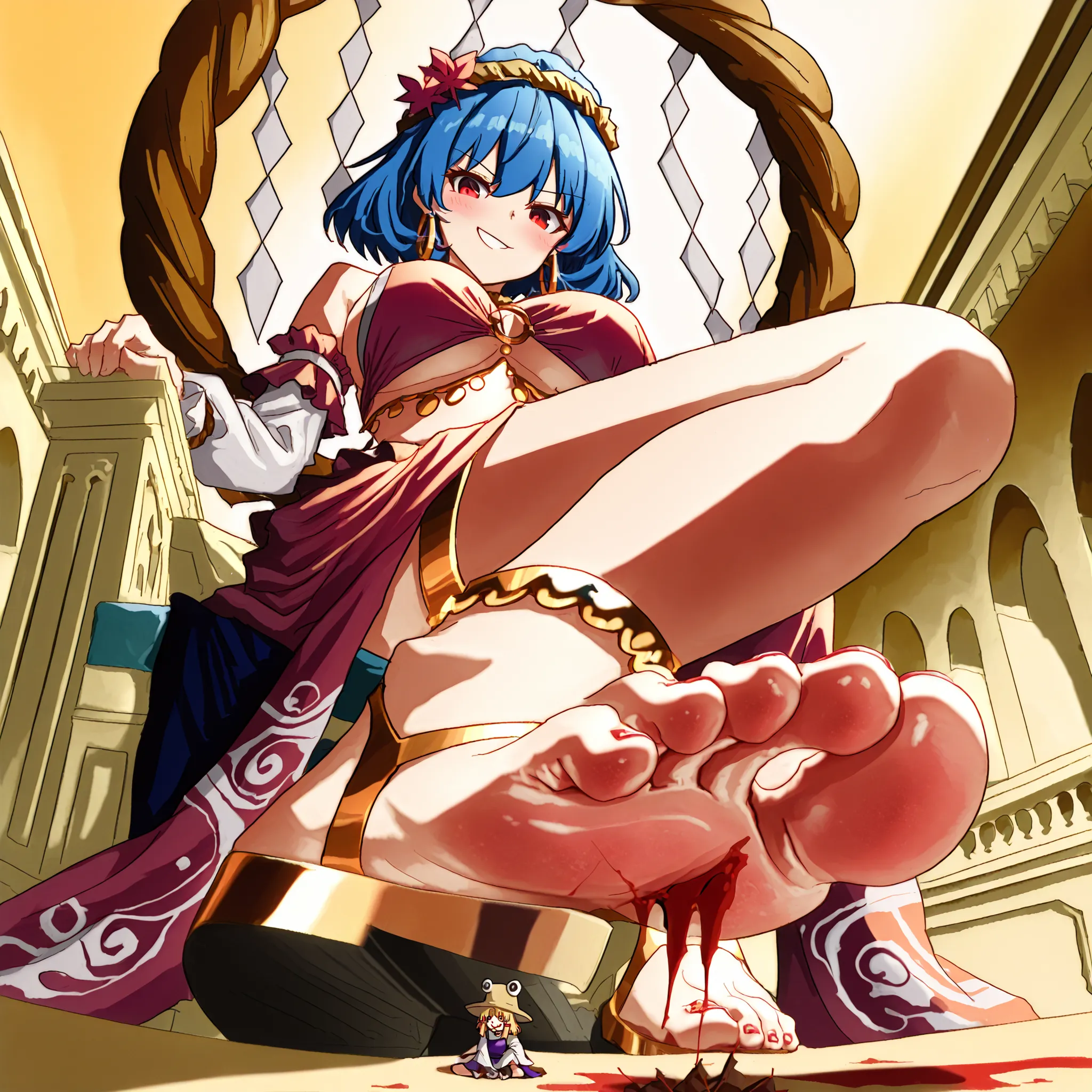 Giantess version of Yasaka Kanako (Touhou Project), reimagined as an Arabian belly dancer. Sitting on a golden stone throne or cushion in a desert temple. Long legs extended, both bare feet pressing down together, fully crushing a tiny version of Suwako Mo...
