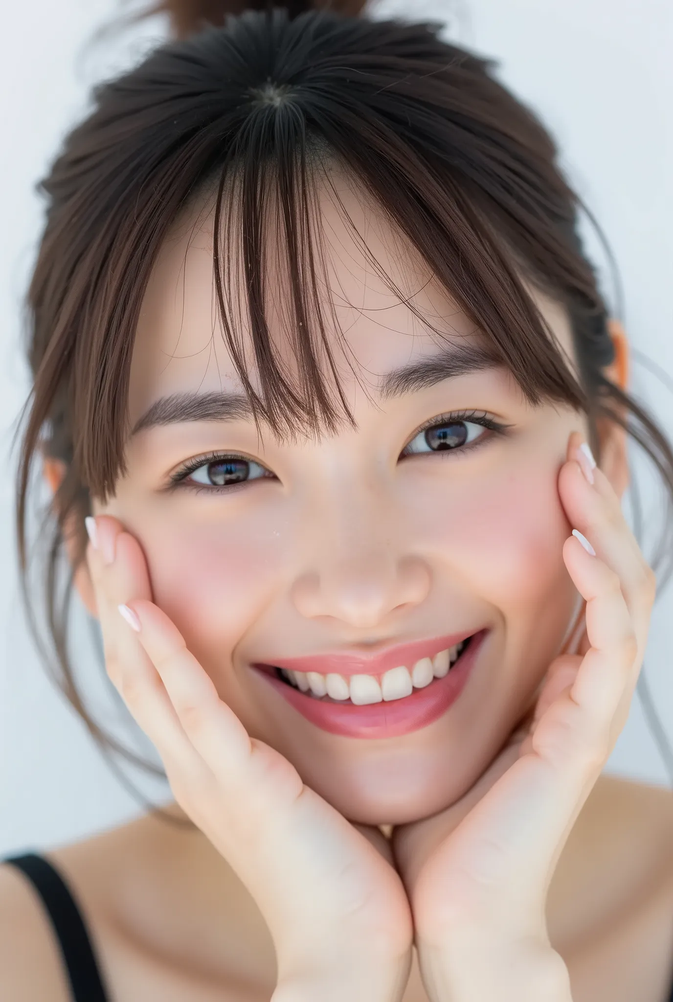An extreme ultra close-up, hyperrealistic portrait of an overwhelmingly beautiful young Japanese woman, photographed in immaculate cinematic soft light. Her face fills 95% of the frame, captured in exquisite high-resolution with ultra-fine skin texture, vi...