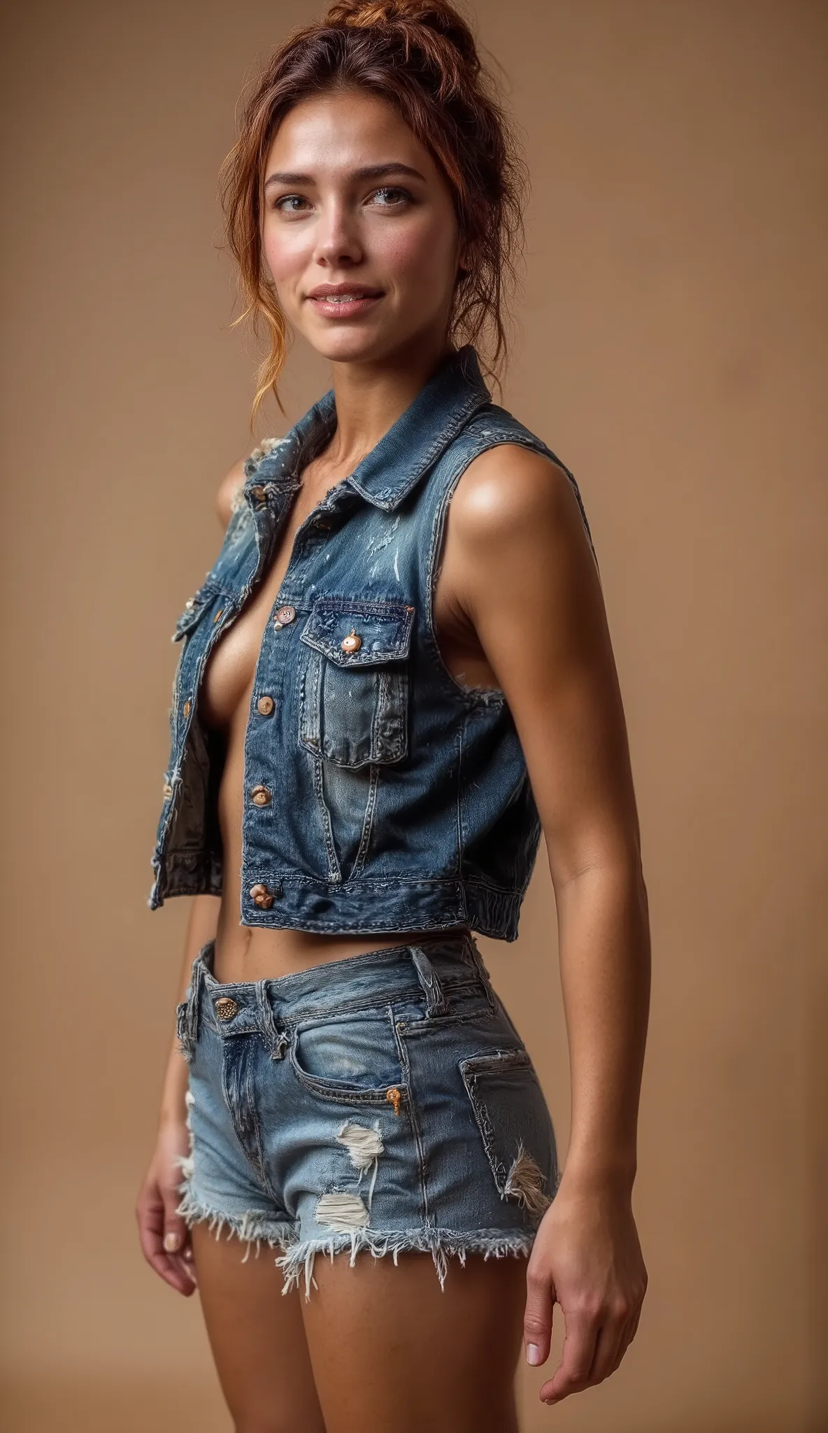 A light-skinned, young woman, positioned slightly off-center towards the left of the image, is the focal point. She is facing directly at the camera.  Her light brown hair is styled in a high bun. She wears a denim jean vest, partially unbuttoned, revealin...
