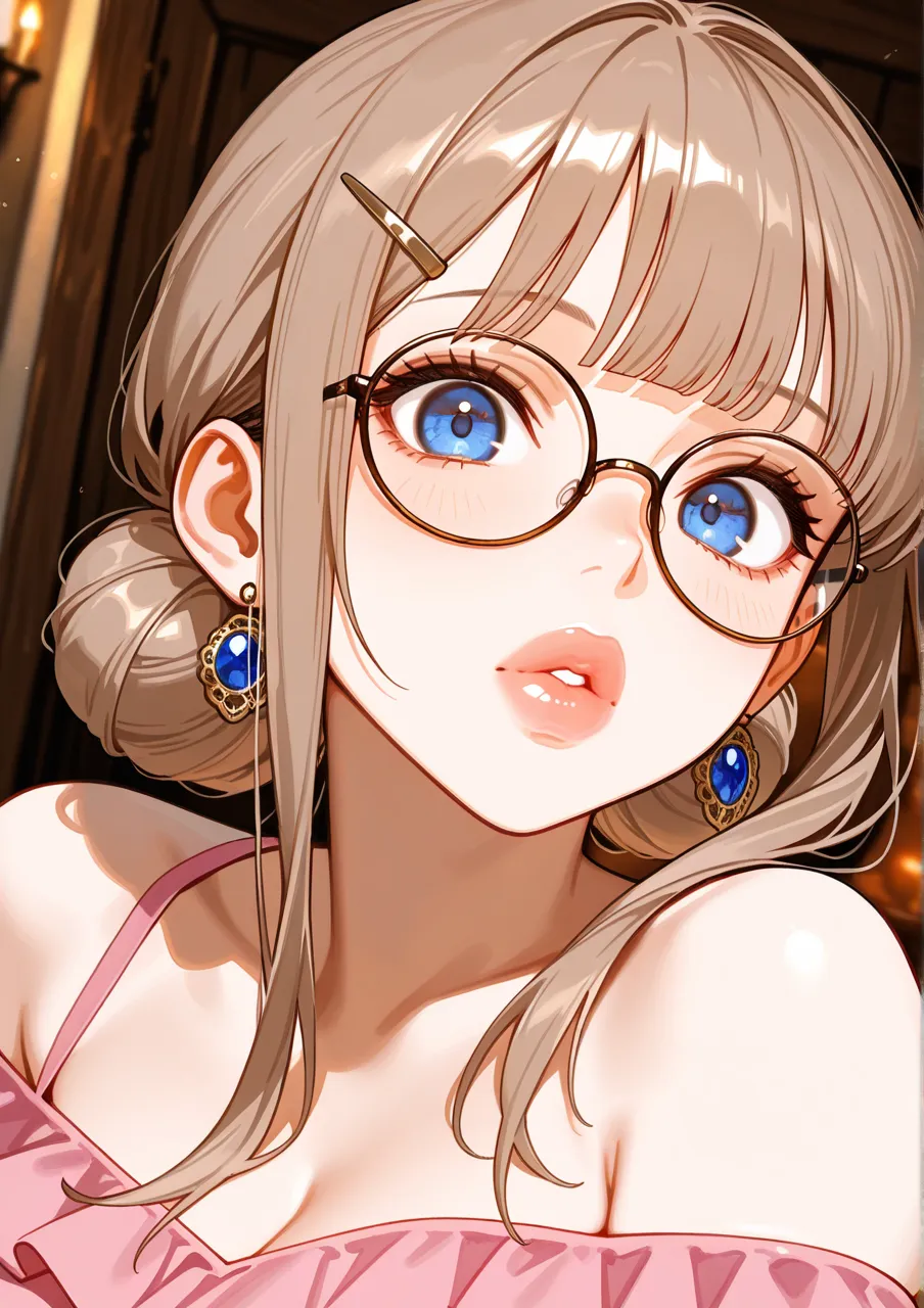(close up:2), score_9 , score_8_up , score_7_up , score_6_up , score_5_up, masterpiece, best quality, very aesthetic, absurdres, solo, woman, ((face)), portrait , ((adult)), (((milf))), alone , (big lips), light brown hair, blunt bangs, long locks, long hair, blue eyes, (((low two bun))), hair clip, round glasses, earrings, surprised, bare shoulders, (pink blouse), bare shoulders, (medieval setting), room, lace, frills, medium breasts, look at viewer
