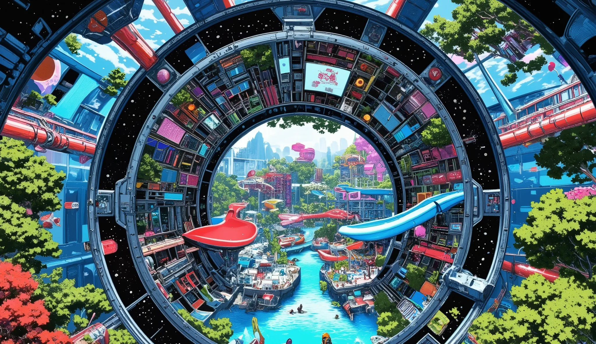 Dome-shaped Water Park that travels between universes、wearing a spacesuit、Tree Slide、Tourist attractions、Photographic Realism、Extreme Details、professional、bright color、Bokeh、Planetary Exploration 、No Gravity、Glass Capsule、Sleek Aqua、reflection、Neon lights、...