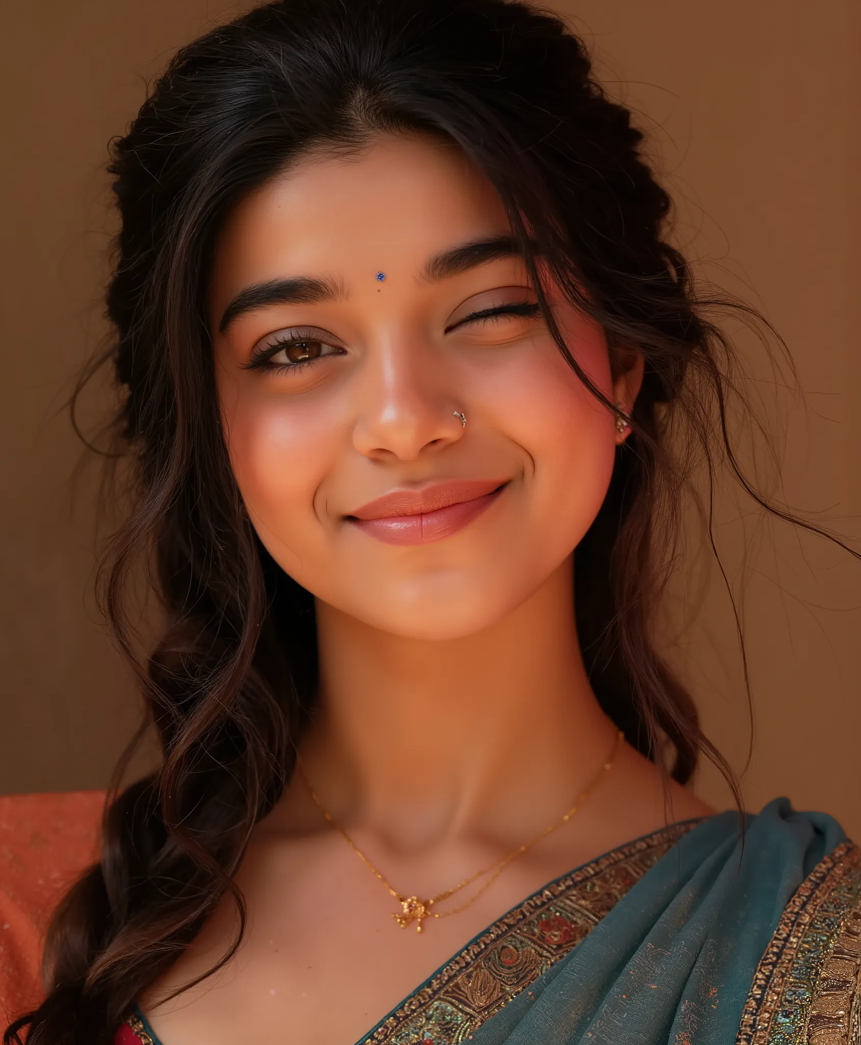     1M4N    masterpiece, photorealistic    best quality, warm lighting, soft shading, high detail, , realistic skin texture, photorealistic
solo, 1girl, 1girl,, long hair, brown hair, front braid, winking, one eye closed, brown eye, detailed eye, thick eye...