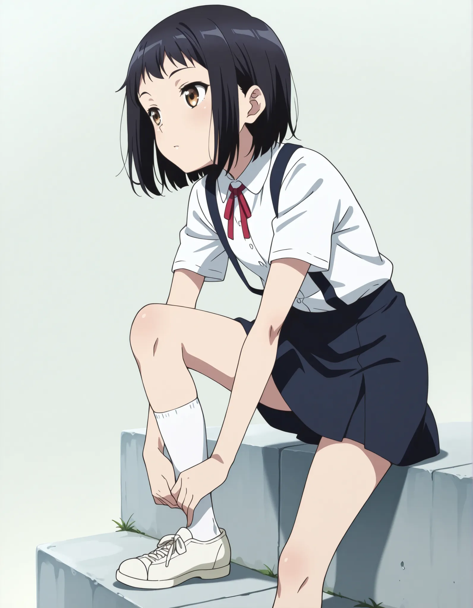 hanakosan, black hair, school uniform, neck ribbon, white shirt, short sleeves, suspenders, suspender skirt, white socks, white shoes,