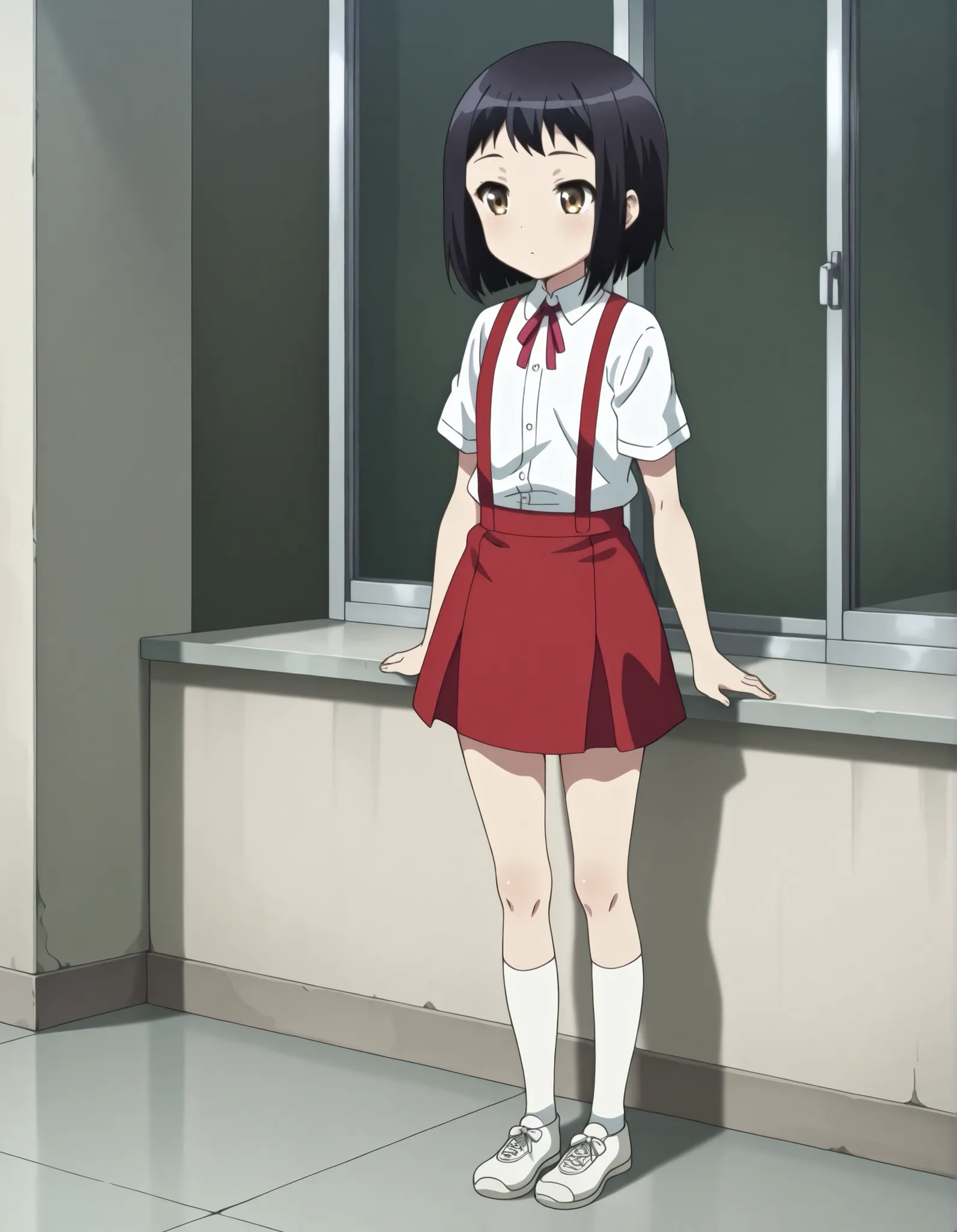 hanakosan, black hair, school uniform, neck ribbon, white shirt, short sleeves, suspenders, suspender skirt, white socks, white shoes,