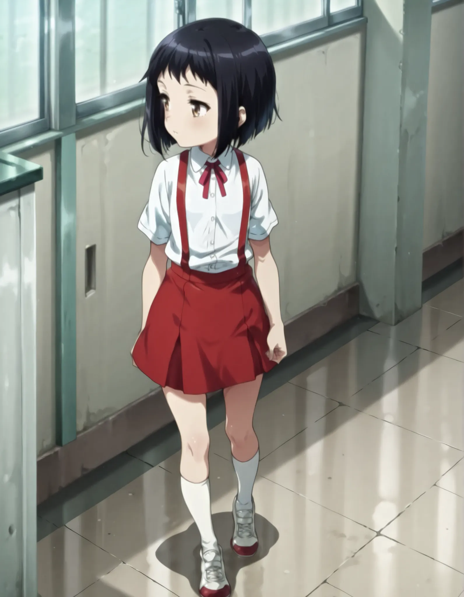 hanakosan, solo, black hair, school uniform, neck ribbon, white shirt, short sleeves, suspenders, suspender skirt, white socks, white shoes,